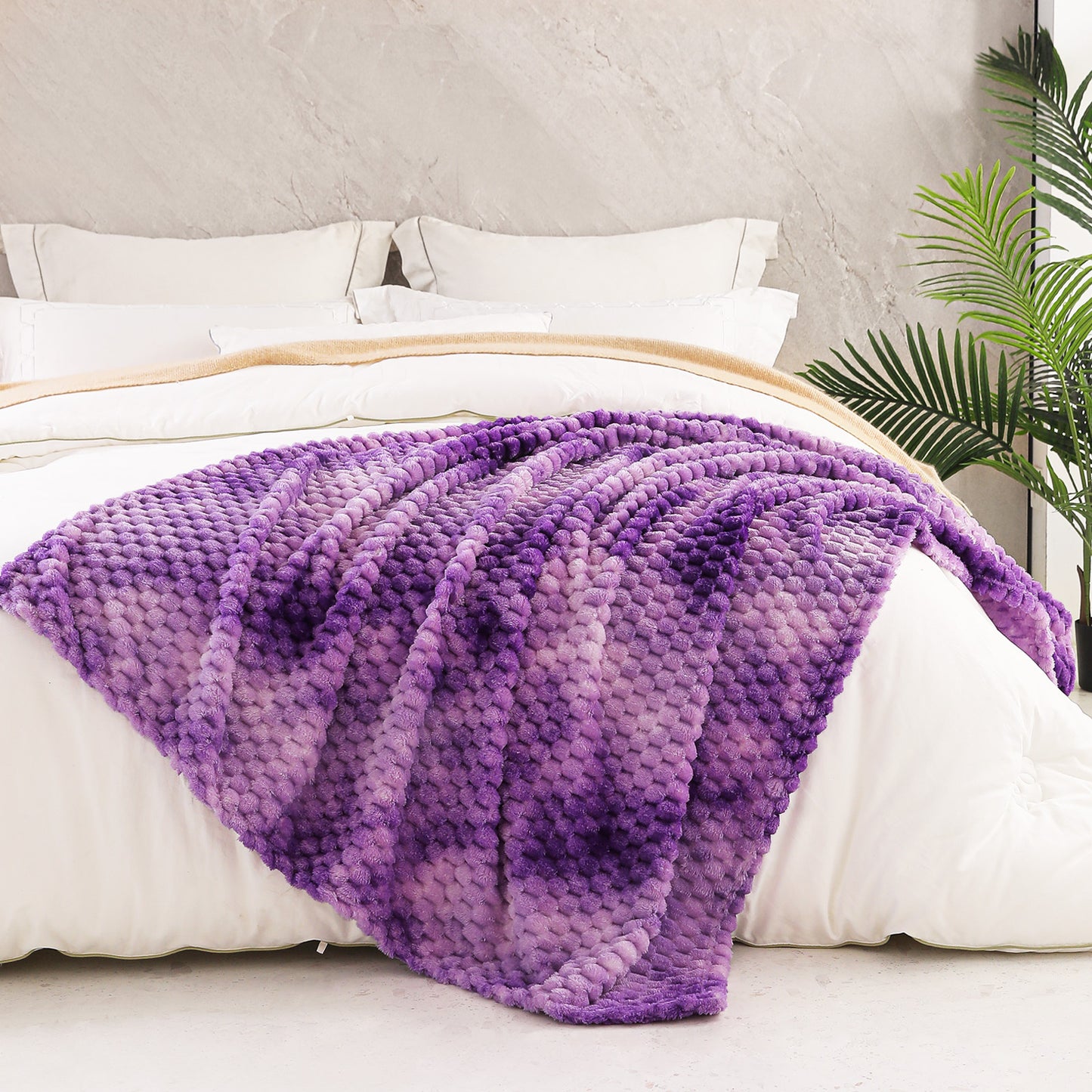 Exclusivo Mezcla Queen Size Flannel Fleece Blanket, 90x90 Inches Stylish Jacquard Velvet Plush Blanket for Bed, Cozy, Warm, Lightweight and Decorative Purple Blanket