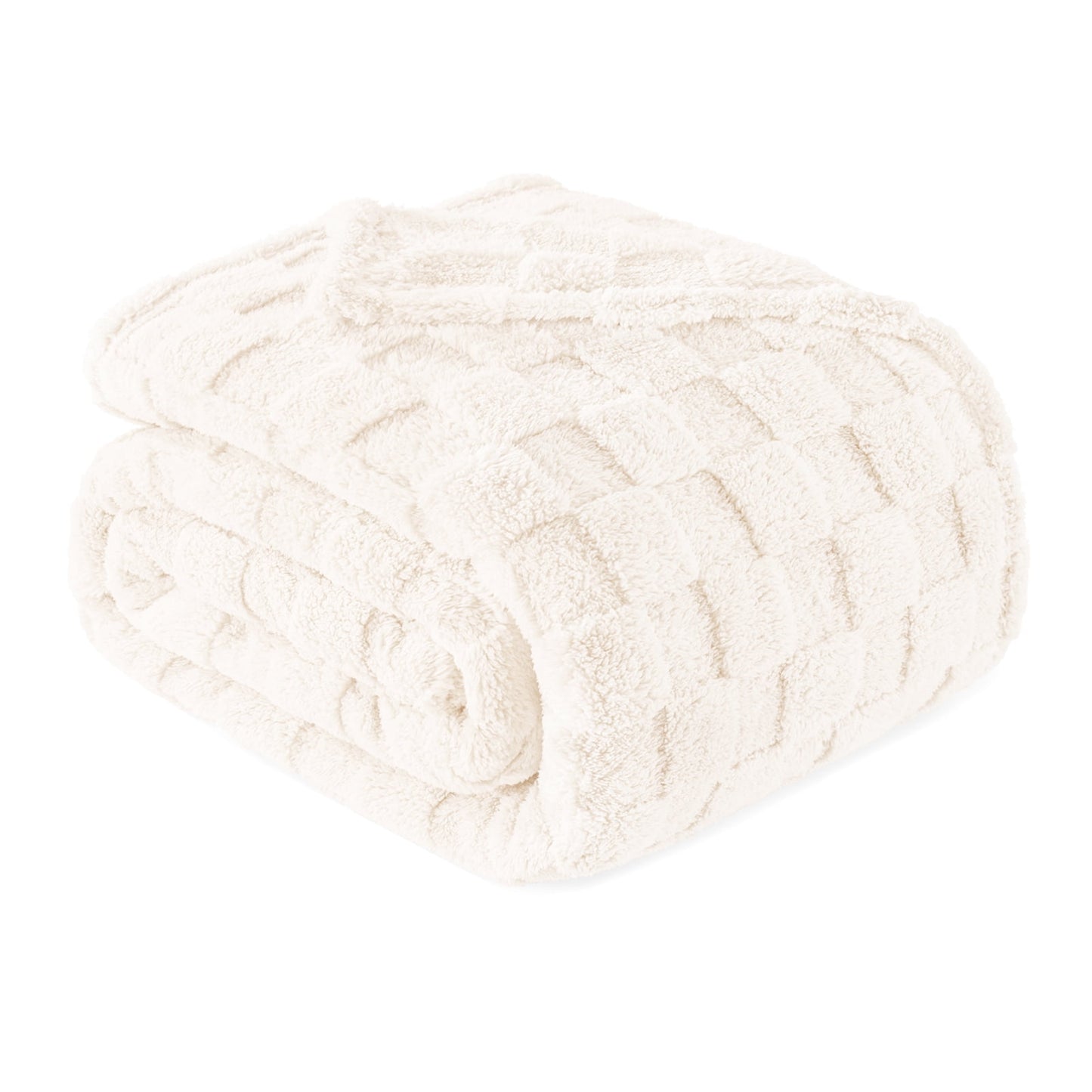 Exclusivo Mezcla Twin Size Flannel Fleece Blanket, Super Soft 3D Checkered Jacquard Bed Blanket, Cozy Fluffy Lightweight Blanket for All Seasons, 60x80 Inches, Ivory Blanket