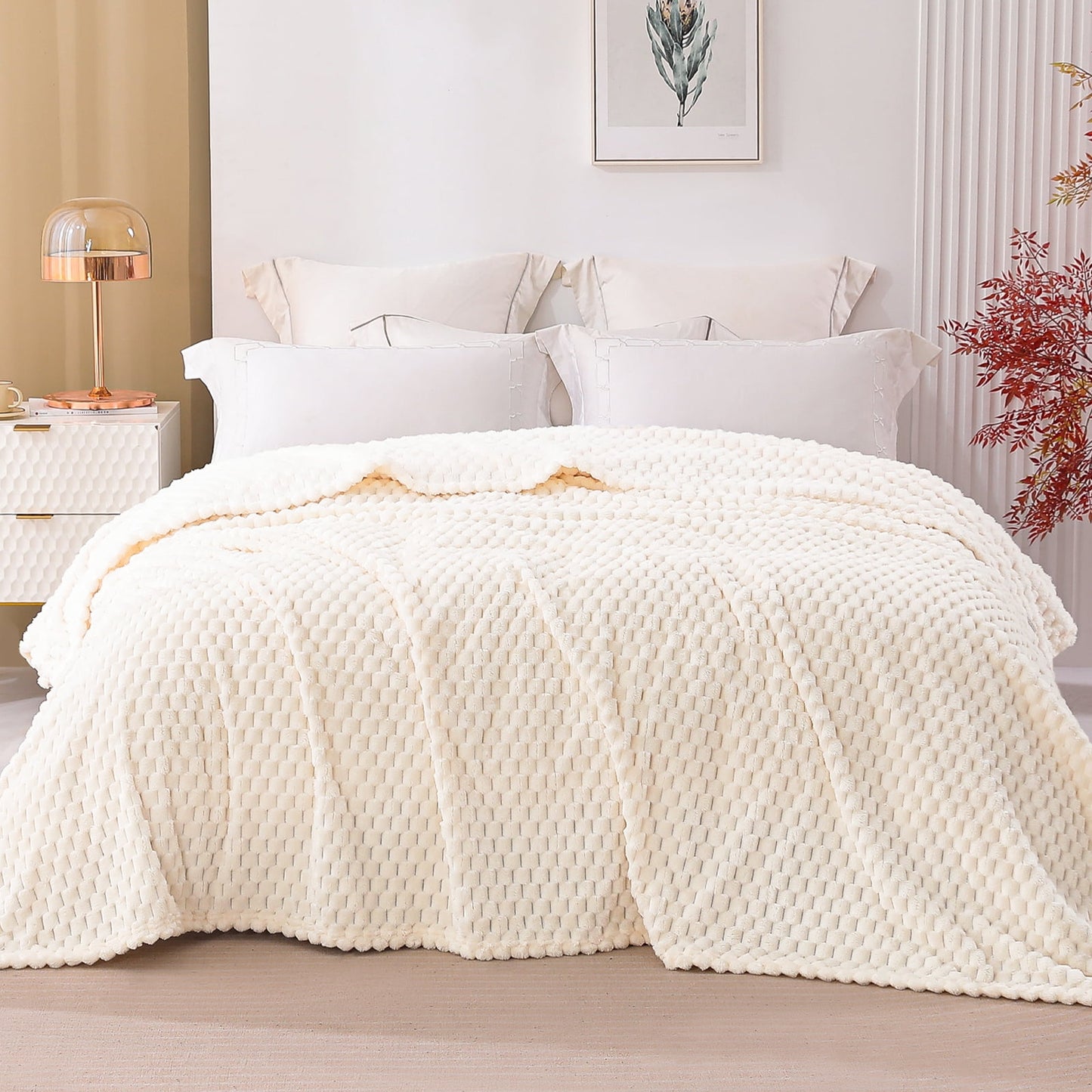 Exclusivo Mezcla Queen Size Flannel Fleece Blanket, 90x90 Inches Stylish Jacquard Velvet Plush Blanket for Bed, Cozy, Warm, Lightweight and Decorative Off White Blanket