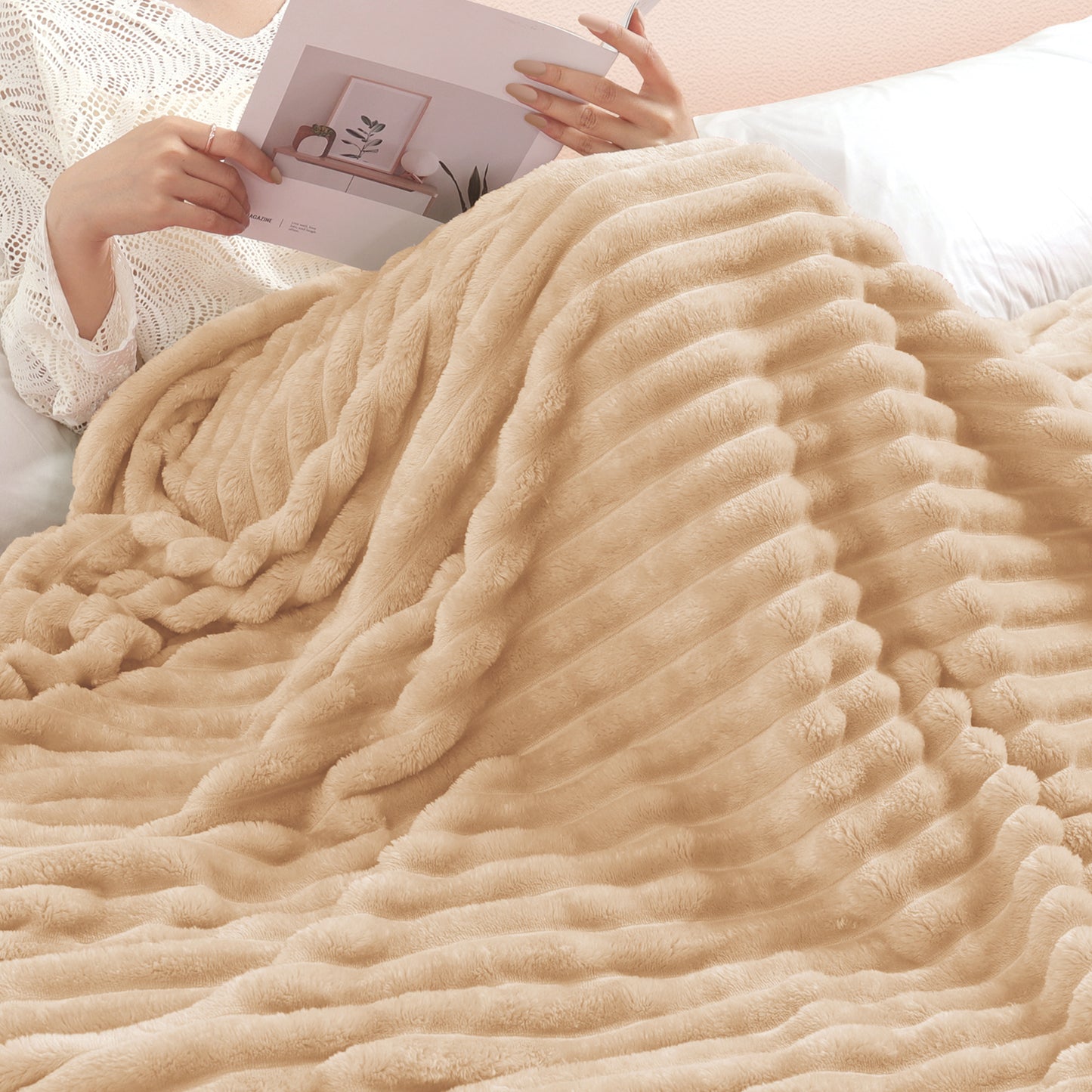 Exclusivo Mezcla Twin Size Flannel Fleece Blanket, Super Soft 3D Striped Jacquard Bed Blanket, Lightweight Fuzzy Cozy Blankets for All Seasons, 60x80 Inches, Beige Blanket