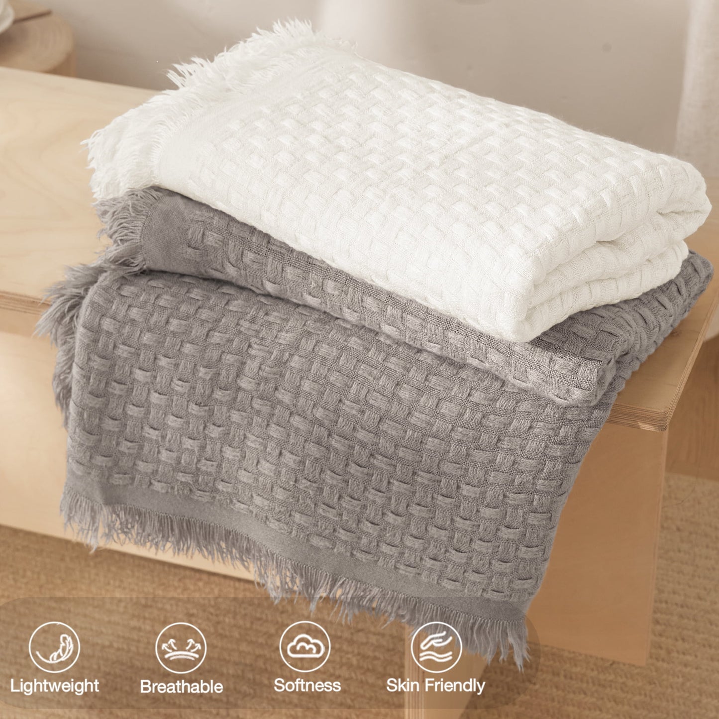 Exclusivo Mezcla Knitted Throw Blanket with Fringes for Couch, Soft and Warm Textured Throw for All Season, Lightweight Breathable Room Decor, Beige, 50??x60??,Exclusivo Mezcla"