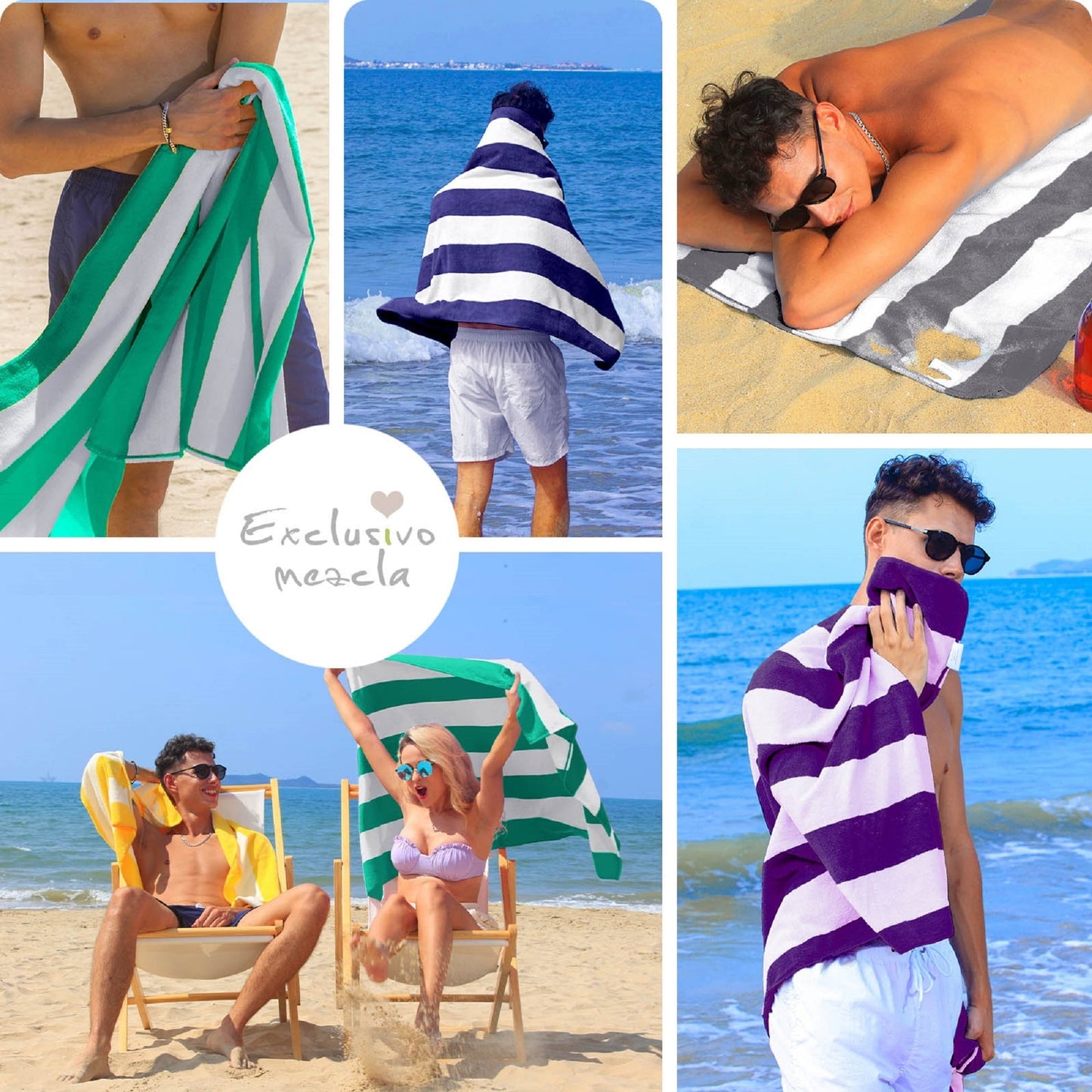 Exclusivo Mezcla 4-Pack Large Beach Towel for Kids and Adults, Microfiber Cabana Striped Pool Beach Towels Set (Grey, 30" x 60"), Lightweight and Highly Absorbent