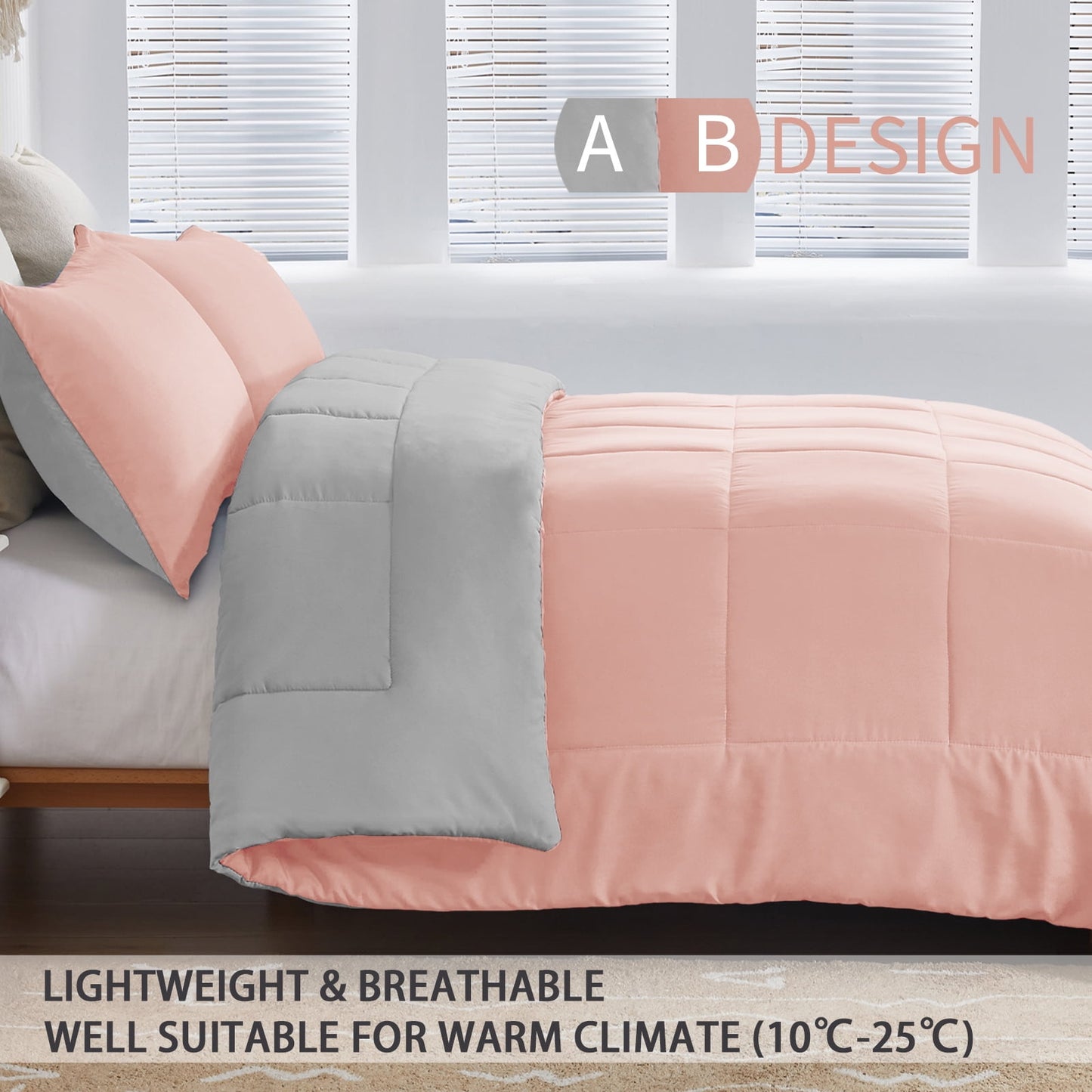Exclusivo Mezcla Lightweight Reversible 3-Piece Comforter Set All Seasons, Down Alternative Comforter with 2 Pillow Shams, Queen Size, Blush pink/Light grey