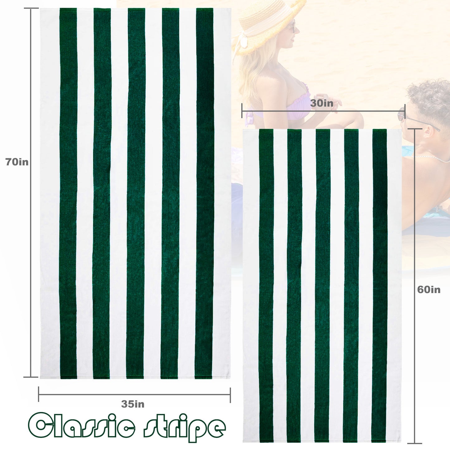 Exclusivo Mezcla 100% Cotton Oversized 35"x70" Cabana Stripe Beach Towel, Super Absorbent Soft Plush Pool Towel, Bath Towel (Forest Green)