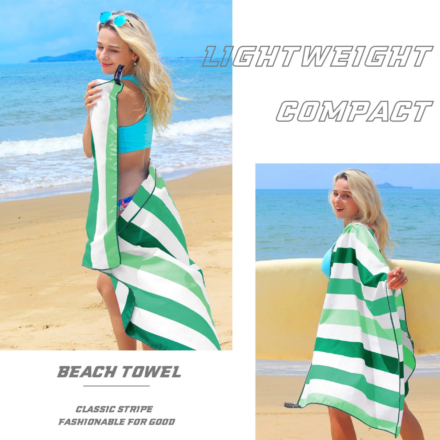 Exclusivo Mezcla Microfiber Quick Dry Beach Towel, Large Sand Free Beach Towel for Travel/Camping/Sports (Striped Forest Green, 30"X60") - Super Absorbent, Compact and Lightweight