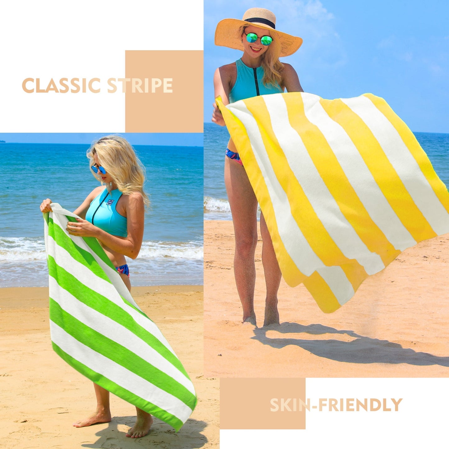 Exclusivo Mezcla 2-Pack Cotton Large Cabana Stripe Beach Towels, Super Absorbent Soft Plush Pool Towel, Bath Towel (Yellow, 30"x60")
