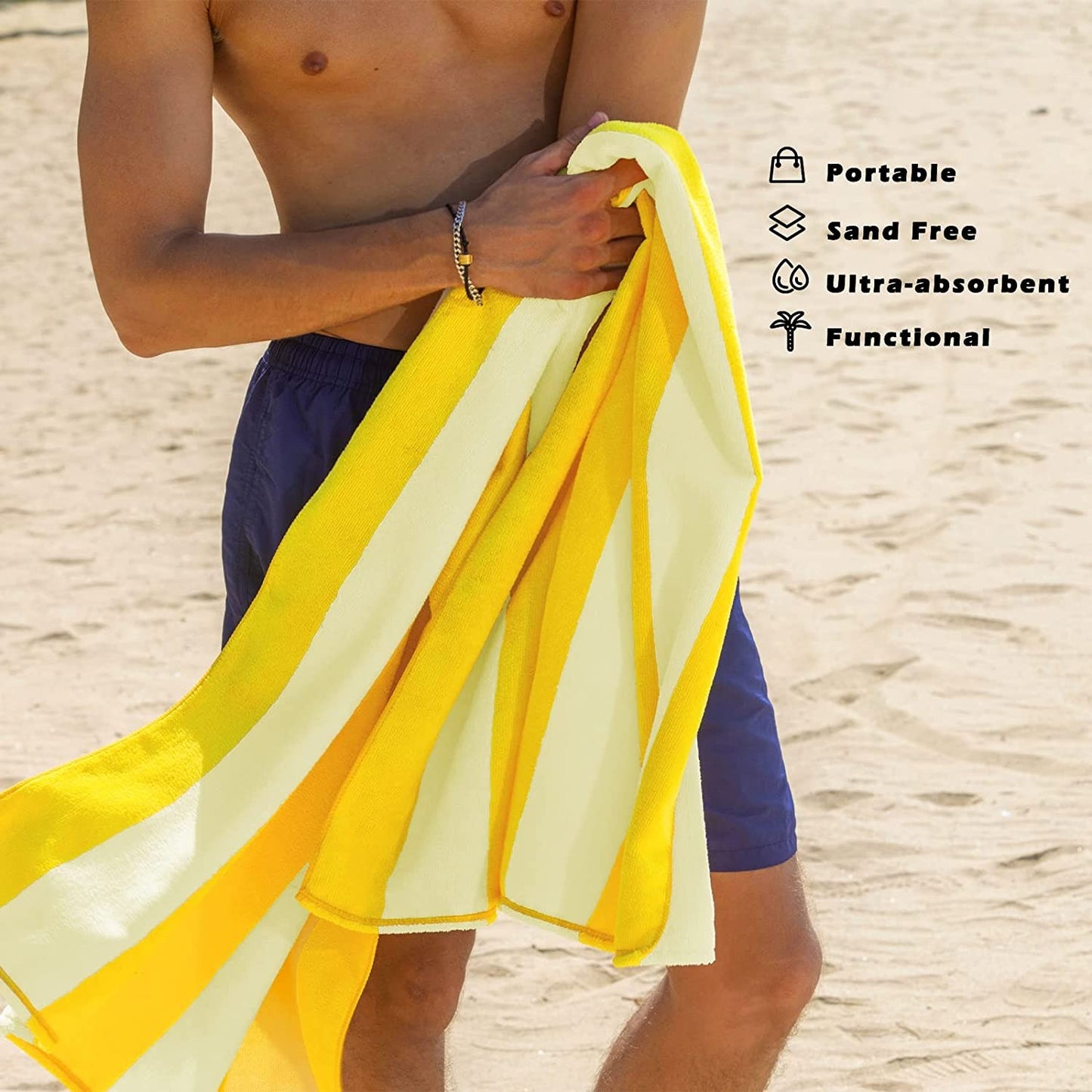 Exclusivo Mezcla 2 Pack Microfiber Cabana Striped Large Beach Towel for Adults (Yellow, 30" x 60")- Soft, Quick Dry, Absorbent, and Plush