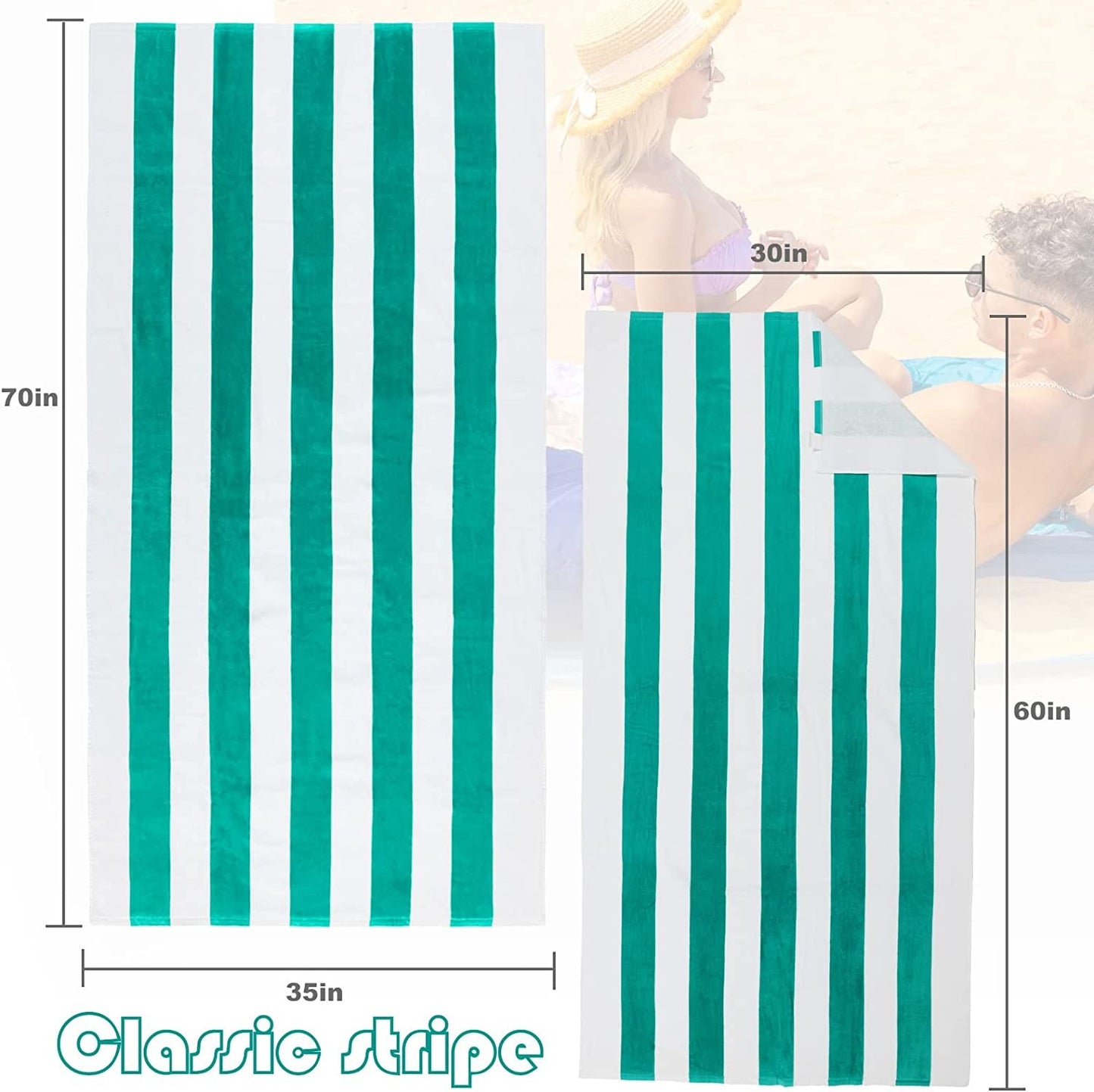 Exclusivo Mezcla 2-Pack Cotton Oversized 35"x70" Cabana Stripe Beach Towels, Super Absorbent Soft Plush Pool Towel, Bath Towel (Turquoise)