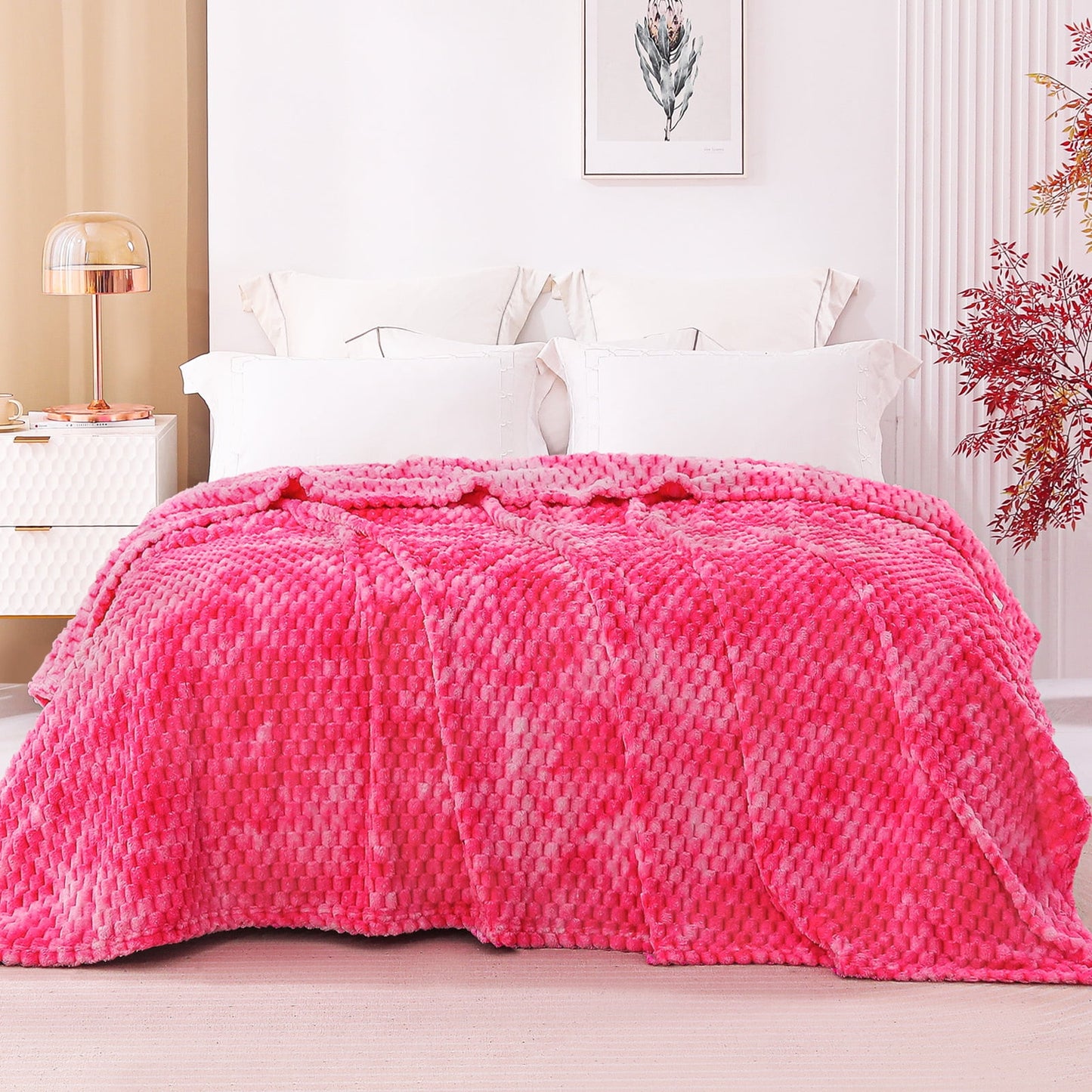 Exclusivo Mezcla King Size Flannel Fleece Blanket, 90x104 Inches Stylish Jacquard Velvet Plush Blanket for Bed, Cozy, Warm, Lightweight and Decorative Hot Pink Blanket