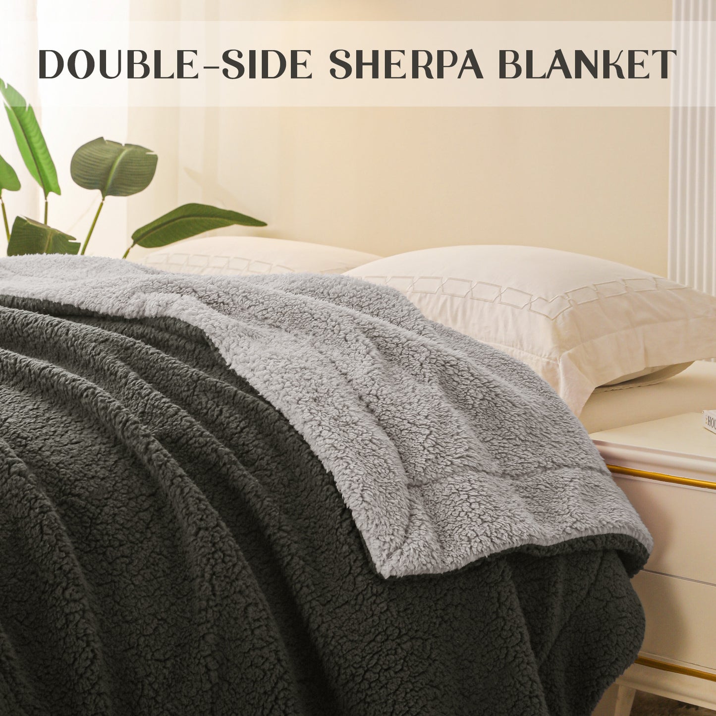 Exclusivo Mezcla King Size Reversible Sherpa Fleece Blanket, Soft Plush Blanket for Bed Sofa, Warm Fluffy Blankets for All Season, 90x104 Inches, Dark Grey/ Light Grey