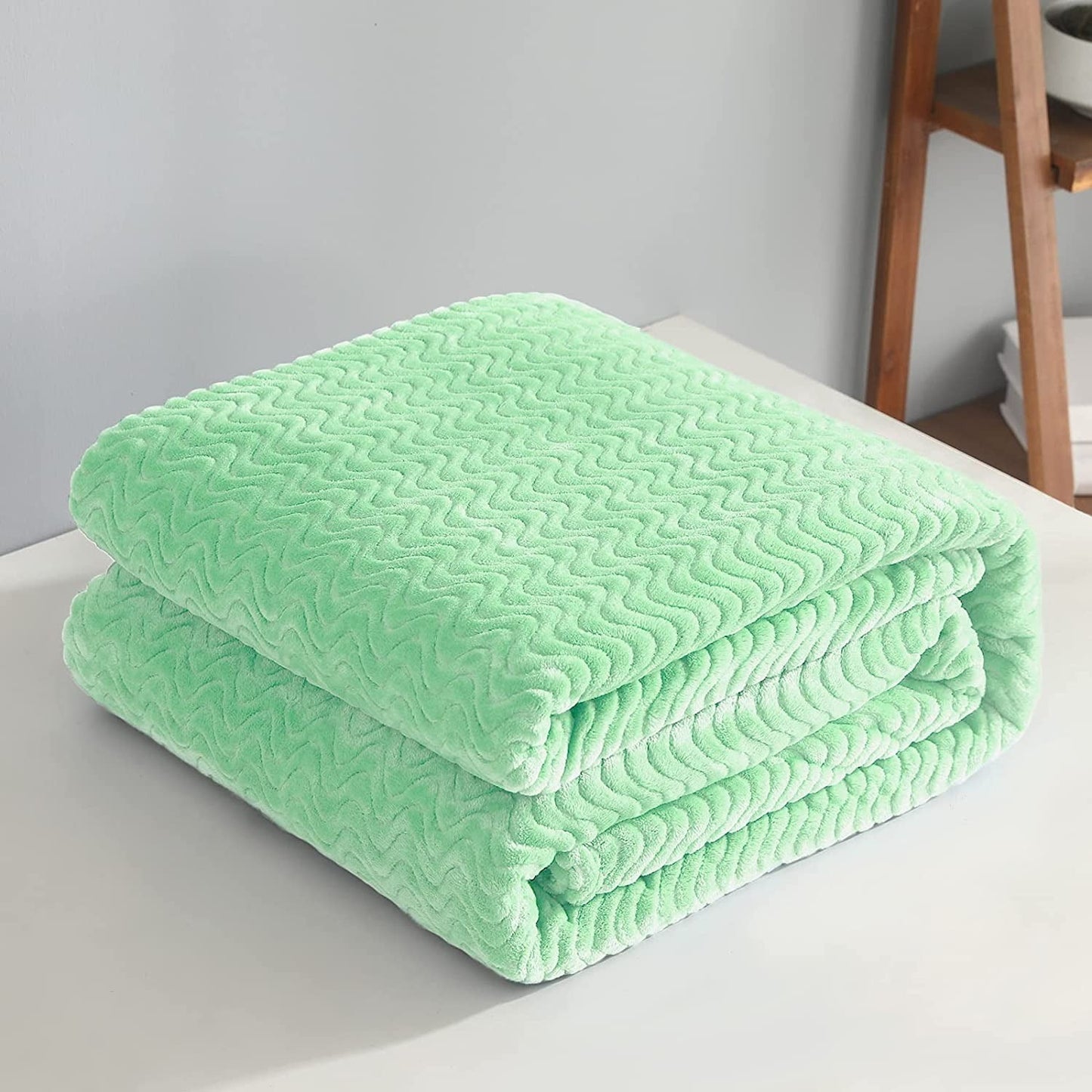 Exclusivo Mezcla Queen Size Jacquard Weave Wave Pattern Flannel Fleece Velvet Plush Bed Blanket as Bedspread/Coverlet/Bed Cover (90" x 90",Mint Green) - Soft, Lightweight, Warm and Cozy