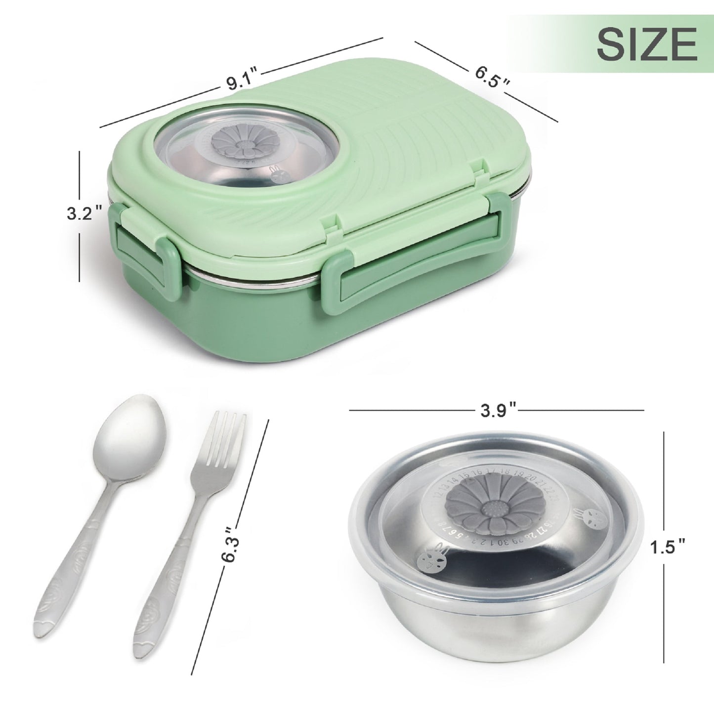 Exclusivo Mezcla Stainless Steel Bento Lunch Box for Kids and Adults,Stackable BPA-Free Food Containers with 3 Compartments and Reusable Sauce Bowl, Fork and Spoon, (1000ml/34oz, Green)