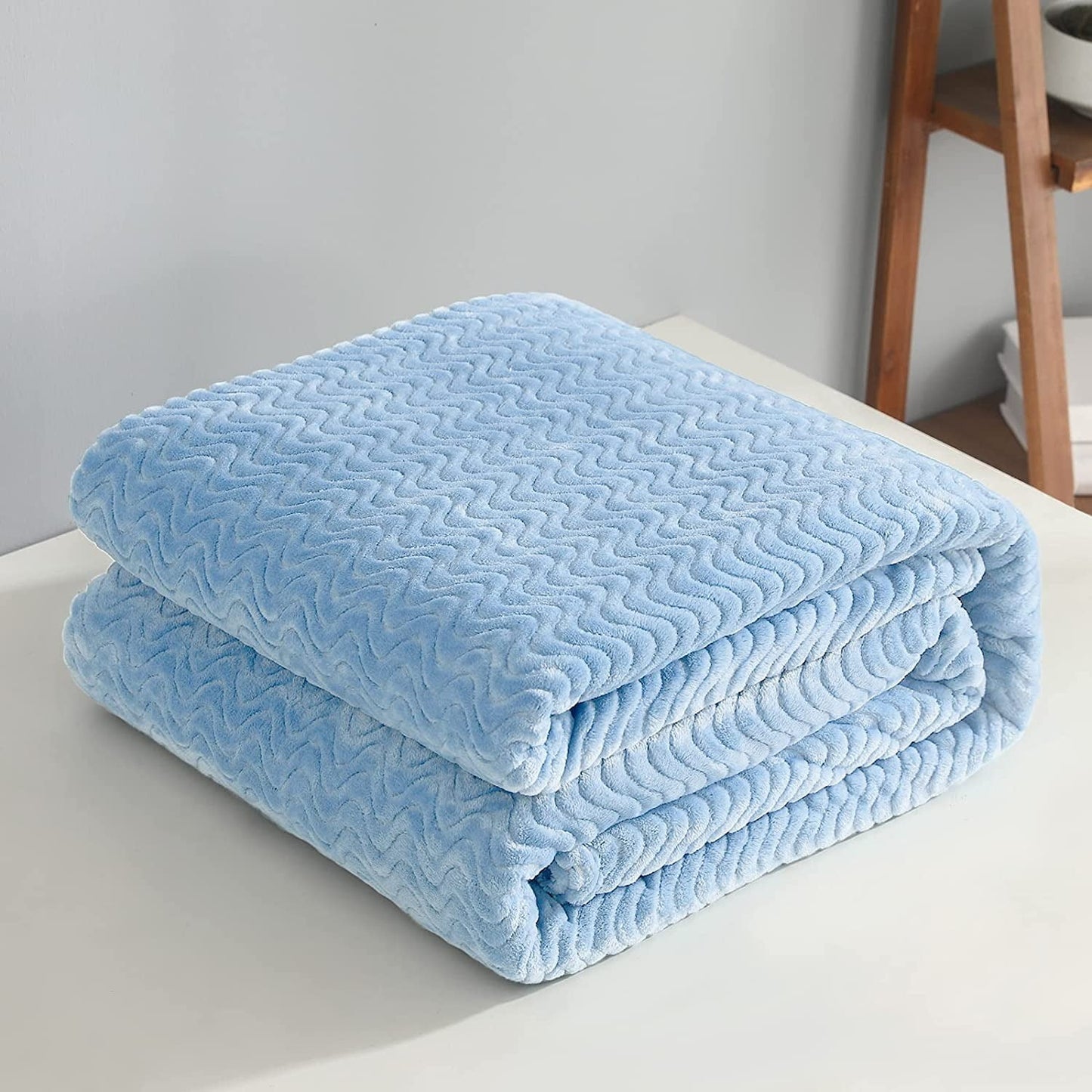 Exclusivo Mezcla Twin Size Jacquard Weave Wave Pattern Flannel Fleece Velvet Plush Bed Blanket as Bedspread/Coverlet/Bed Cover (90" x 66",Stone Blue) - Soft, Lightweight, Warm and Cozy