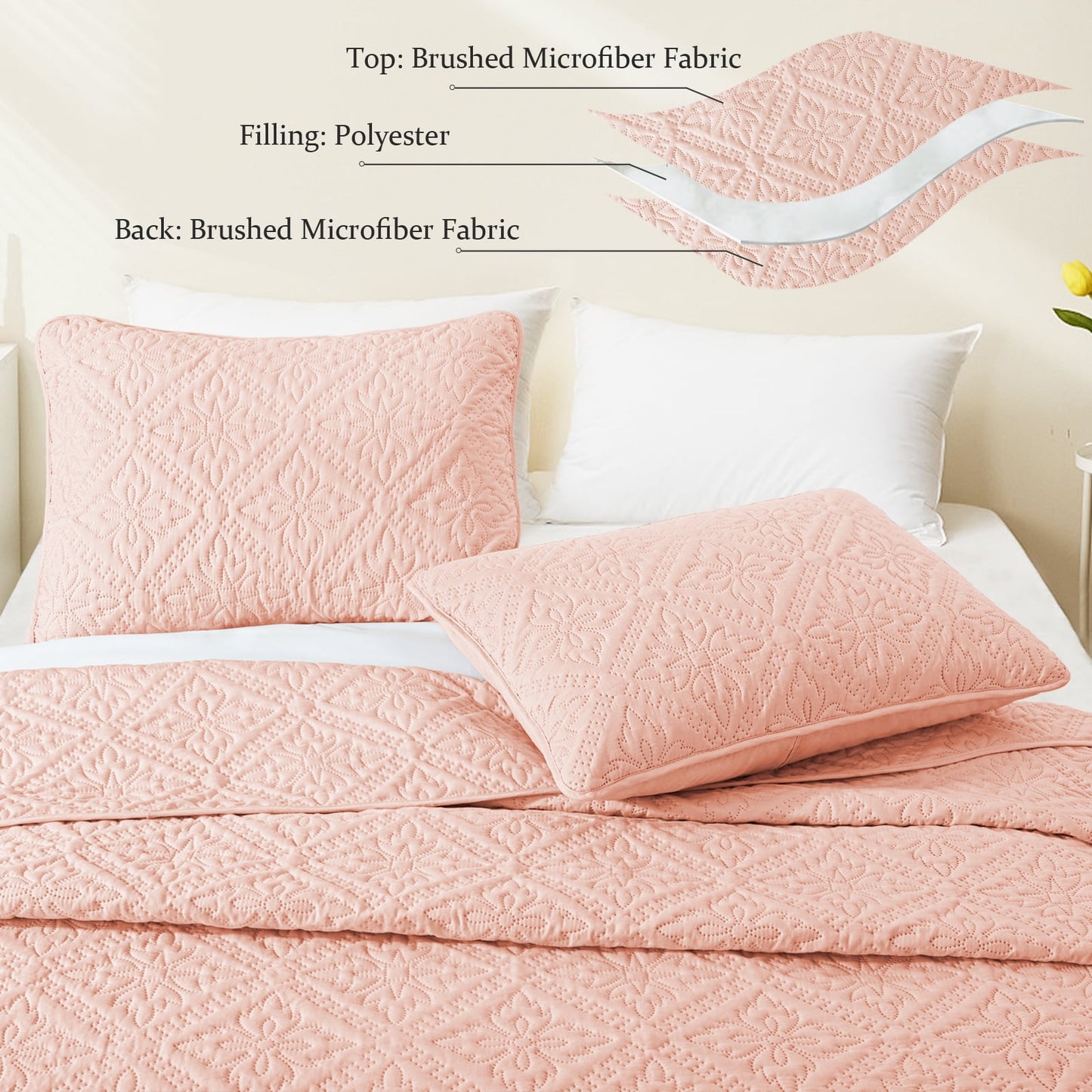 Exclusivo Mezcla King Quilt Bedding Set, Lightweight Soft Bedspreads Coverlets with 2 Pillow Shams, Modern Blush Pink Oversized Quilts King Size for All Seasons