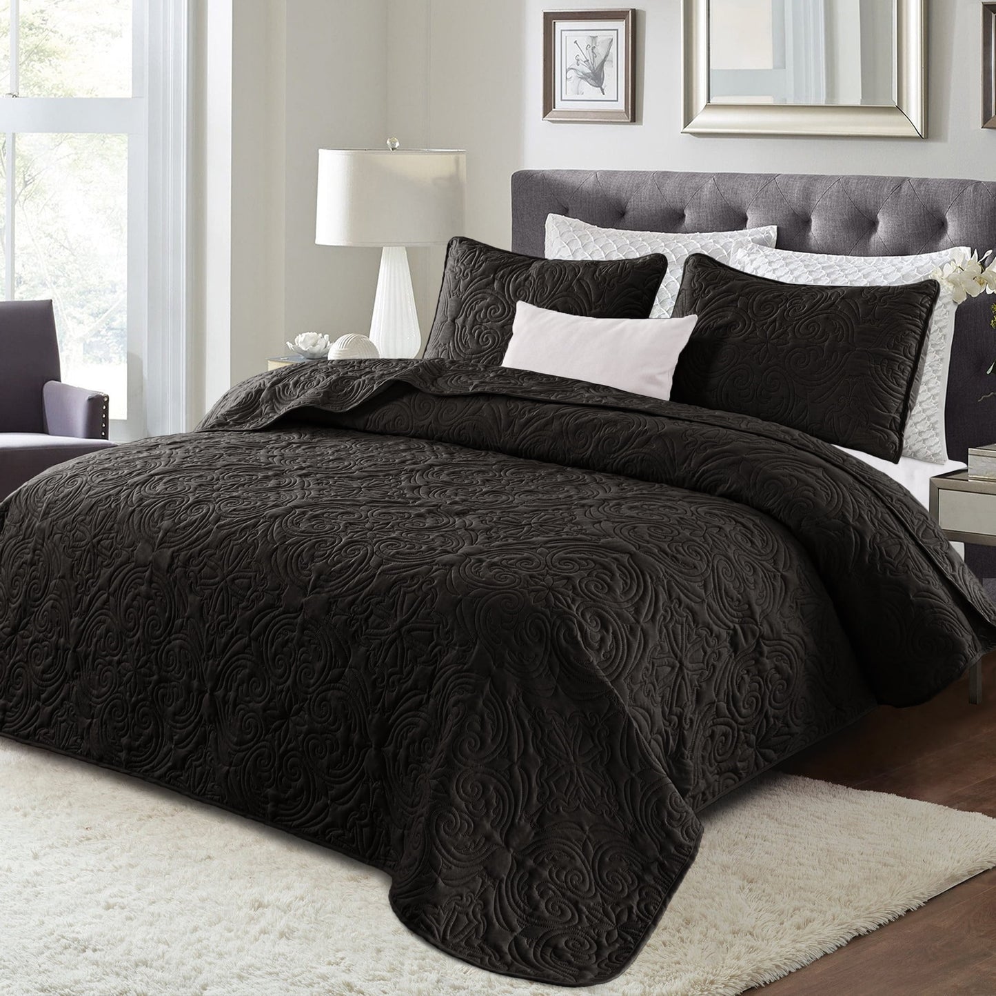 Exclusivo Mezcla King Quilt Bedding Set, Lightweight Vintage King Size Quilts with Pillow Shams, Soft Bedspreads Coverlets for All Seasons, (104"x96", Black)