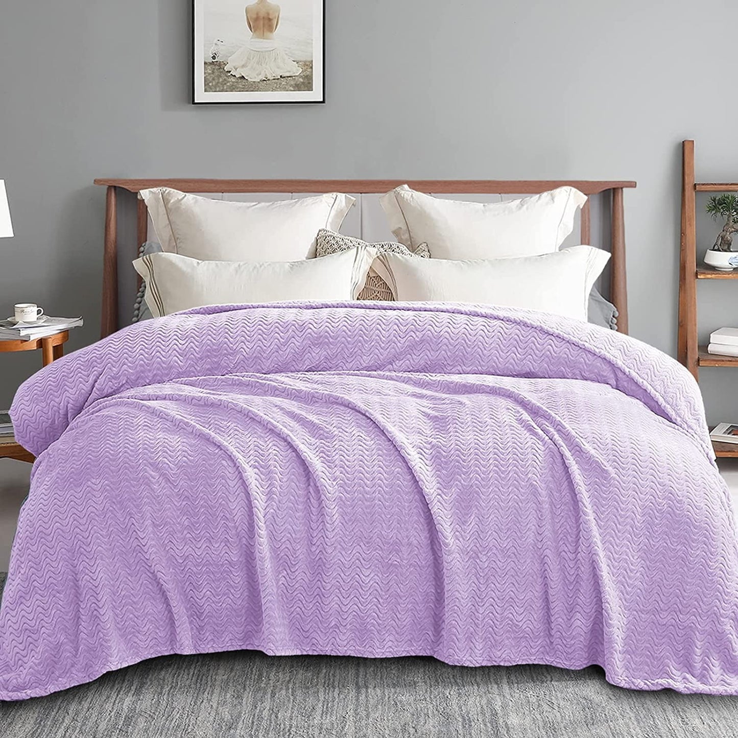 Exclusivo Mezcla King Size Jacquard Weave Wave Pattern Flannel Fleece Velvet Plush Bed Blanket as Bedspread/Coverlet/Bed Cover (90" x 104",Light Purple) - Soft, Lightweight, Warm and Cozy