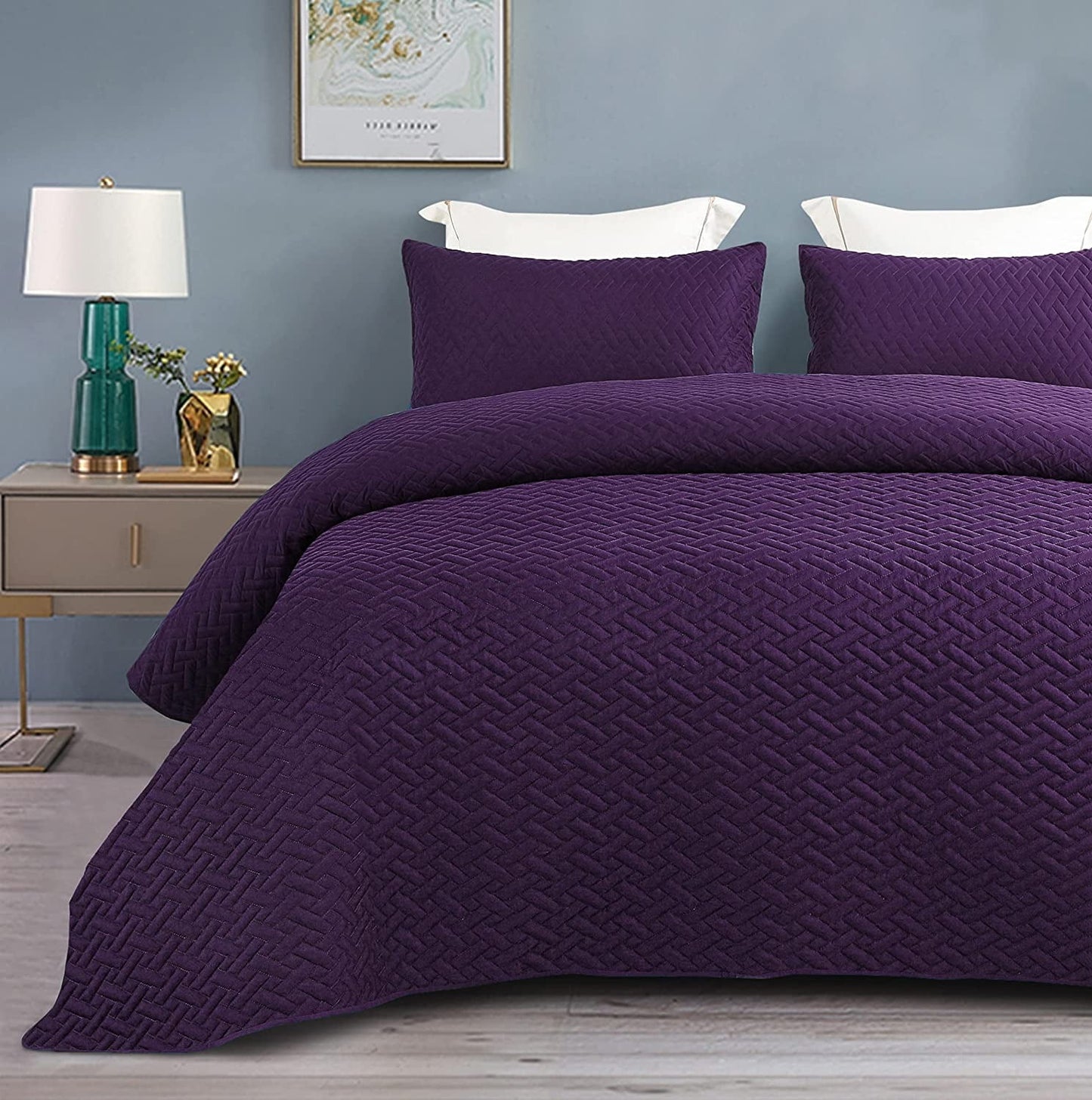 Exclusivo Mezcla 3-Piece Queen Size Quilt Set with Pillow Shams, Basket Quilted Bedspread/Coverlet/Bed Cover(96x90 Inches, Purple) -Soft, Lightweight and Reversible