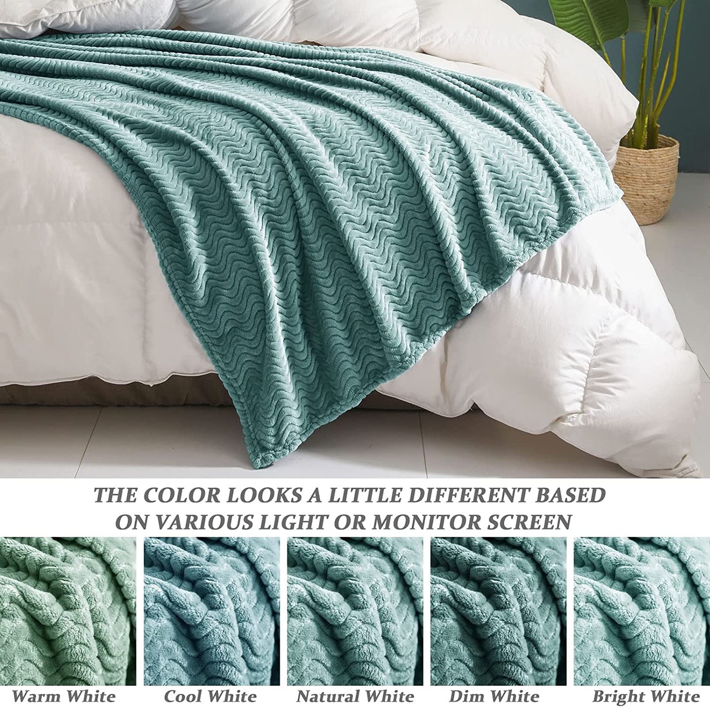 Exclusivo Mezcla Large Flannel Fleece Throw Blanket, Jacquard Weave Wave Pattern (50" x 70", Celadon) - Soft, Warm, Lightweight and Decorative