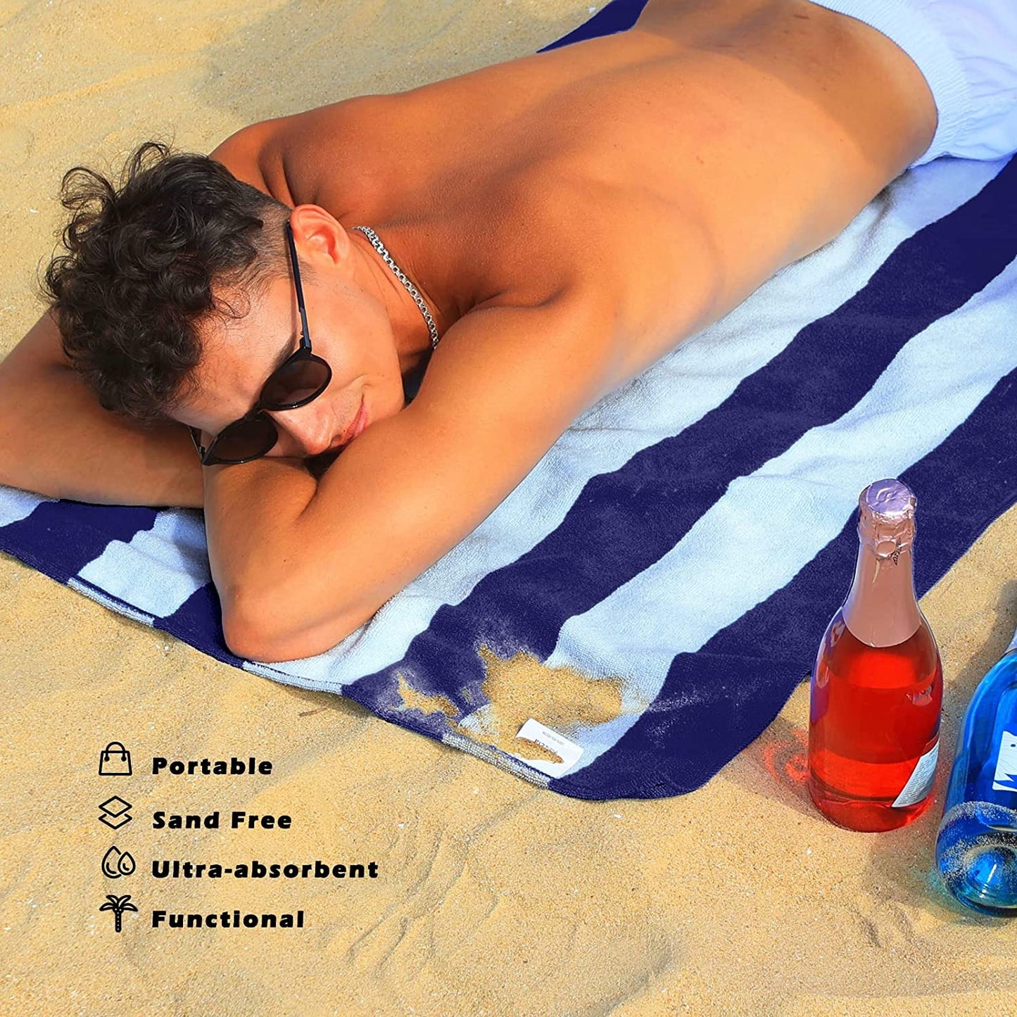 Exclusivo Mezcla 2 Pack Microfiber Cabana Striped Large Beach Towel for Adults (Navy, 30" x 60")-Soft, Quick Dry, Absorbent, and Plush