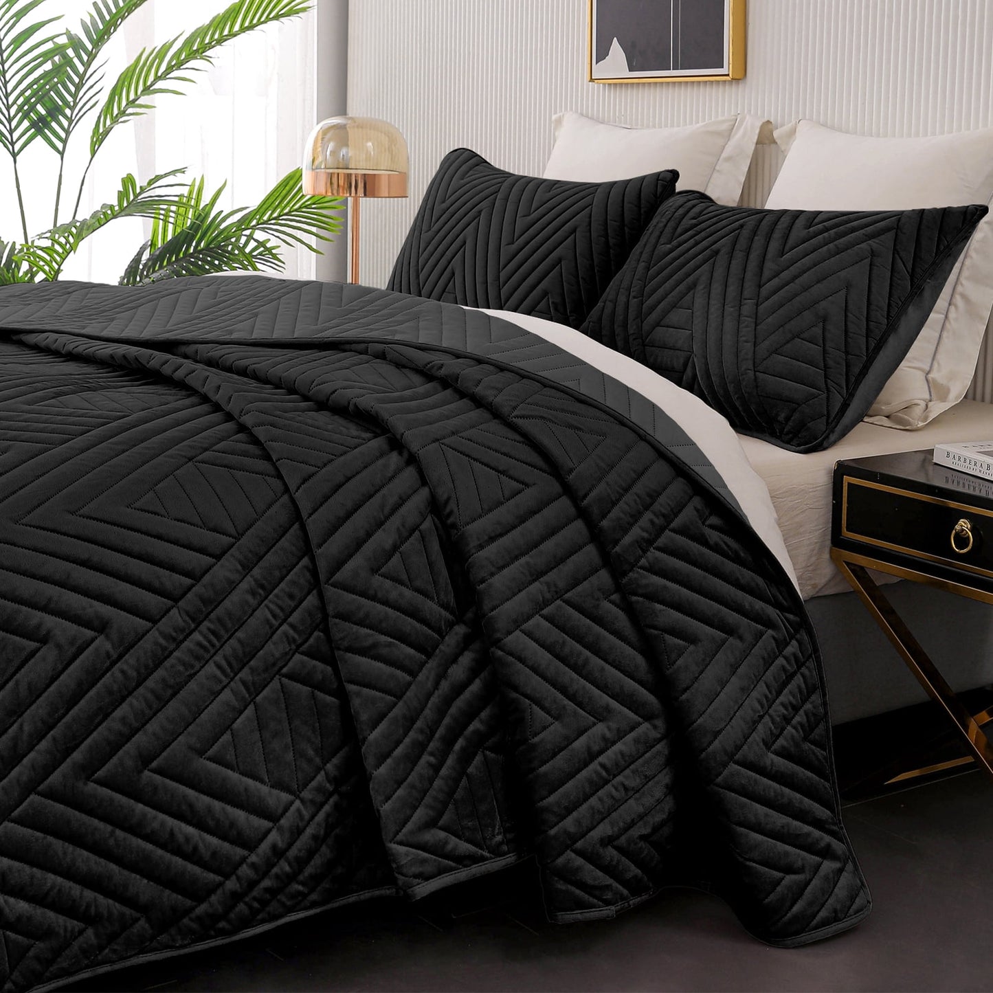Exclusivo Mezcla Super Plush Velvet Quilt Twin Size with Pillow Sham, Luxury Soft Reversible 2 Piece Bedspreads Coverlet Comforter set for all seasons, Lightweight and Warm, Black