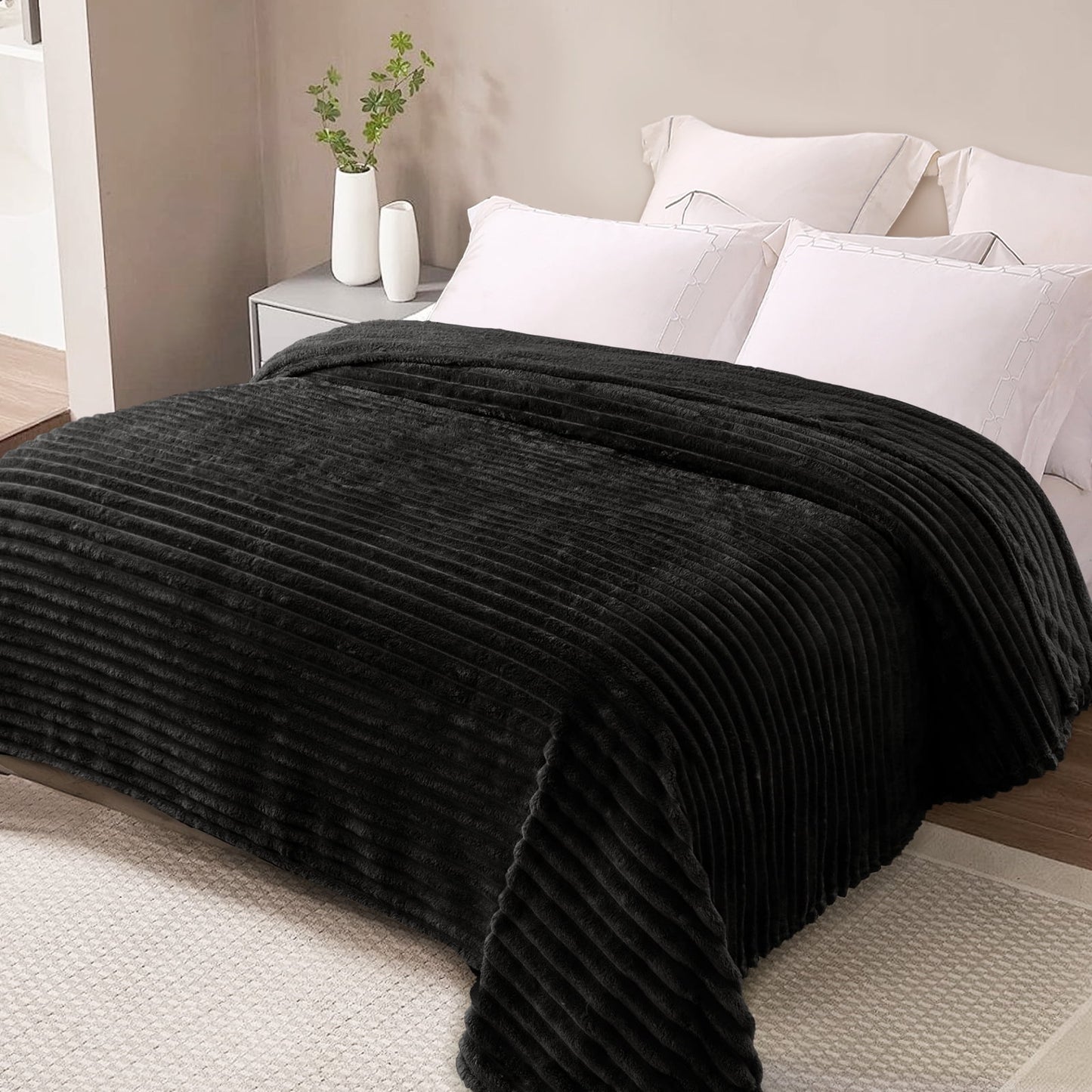 Exclusivo Mezcla King Size Flannel Fleece Blanket, Super Soft 3D Striped Jacquard Bed Blanket, Lightweight Fuzzy Cozy Blankets for All Seasons, 90x104 Inches, Black Blanket