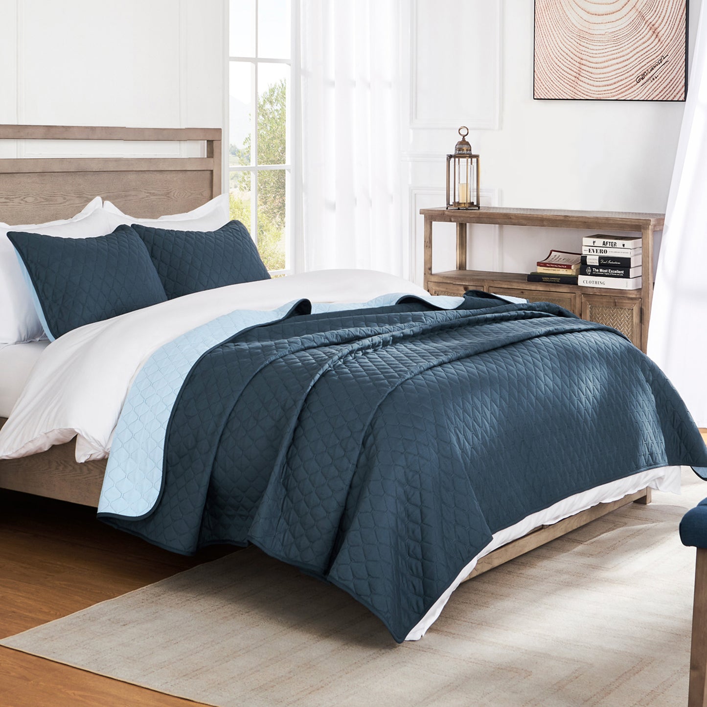 Exclusivo Mezcla Ultrasonic Reversible Twin Quilt Bedding Set with Pillow Sham, Lightweight Quilts Twin Size, Soft Bedspreads Bed Coverlets for All Seasons - (Navy Blue, 68"x88")
