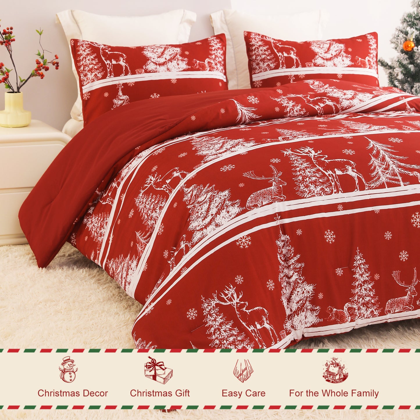 Exclusivo Mezcla Christmas Comforter Set Queen Size, Reversible Rust Red Striped Down Alternative Comforter Sets, Printed with Christmas Trees Snowflakes Pattern, for Holiday Decoration and Gifts