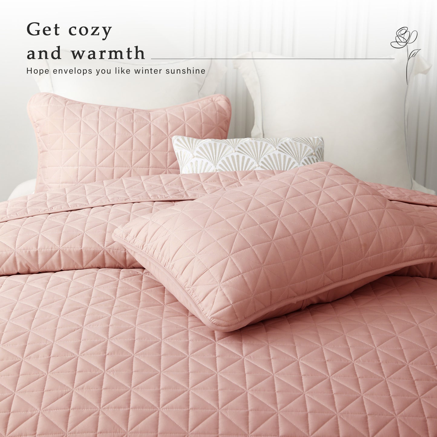 Exclusivo Mezcla King Size Quilt Bedding Set for All Seasons, Lightweight Soft Pink Quilts King Size Bedspreads Coverlets Bed Cover with Geometric Stitched Pattern, (1 Quilt, 2 Pillow Shams)