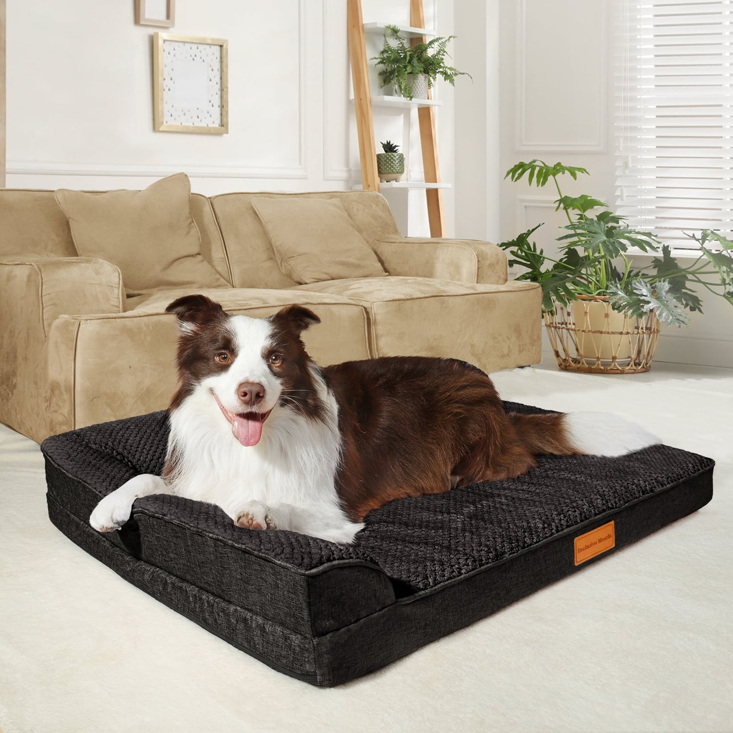 Exclusivo Mezcla Jacquard Orthopedic Pet Bed for Median Dogs, 30"X20" Waterproof L Shaped Dog Bed with Washable Cover, Black