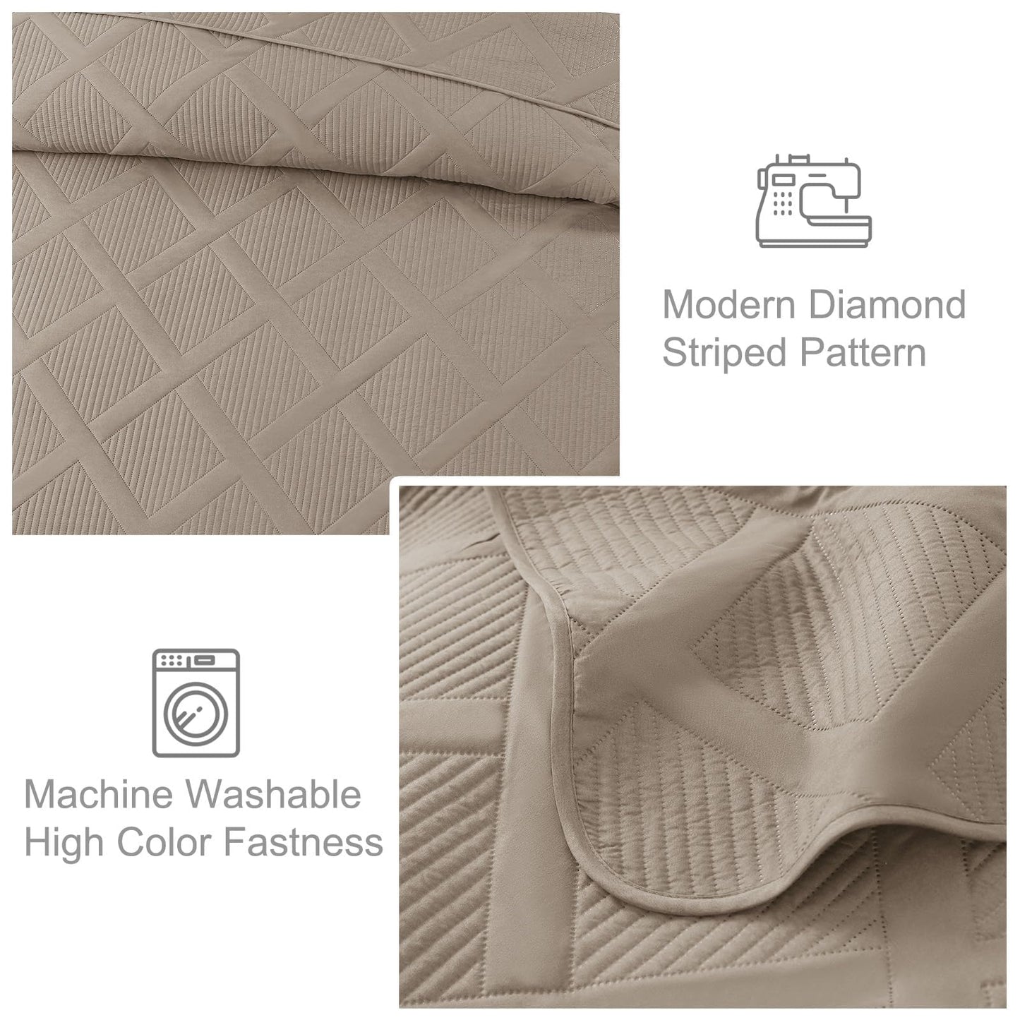 Exclusivo Mezcla Ultrasonic King Quilt Set, 3-Piece Lightweight Bedspreads Modern Striped Coverlet, Taupe