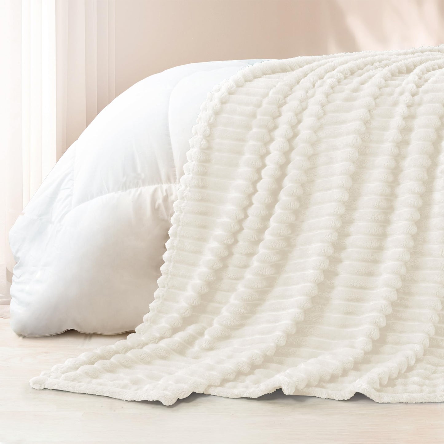 Exclusivo Mezcla California King Size Flannel Fleece Blanket, Super Soft Striped Jacquard Bed Oversized Blanket, Lightweight Fuzzy Cozy for All Seasons, 120x120 Inches, Ivory