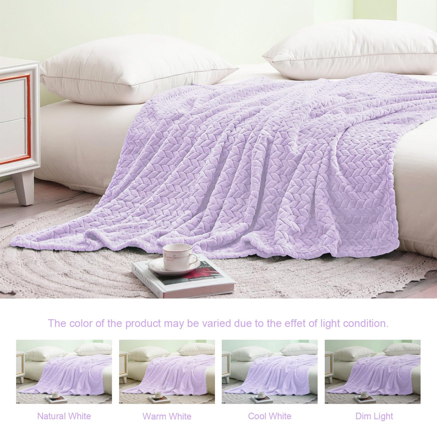 Exclusivo Mezcla Fleece Twin Size Blanket for Bed, 60x80 Inches Soft Cozy Jacquard Flannel Blankets, Lightweight Fuzzy Plush Warm for Women, Lilac Purple
