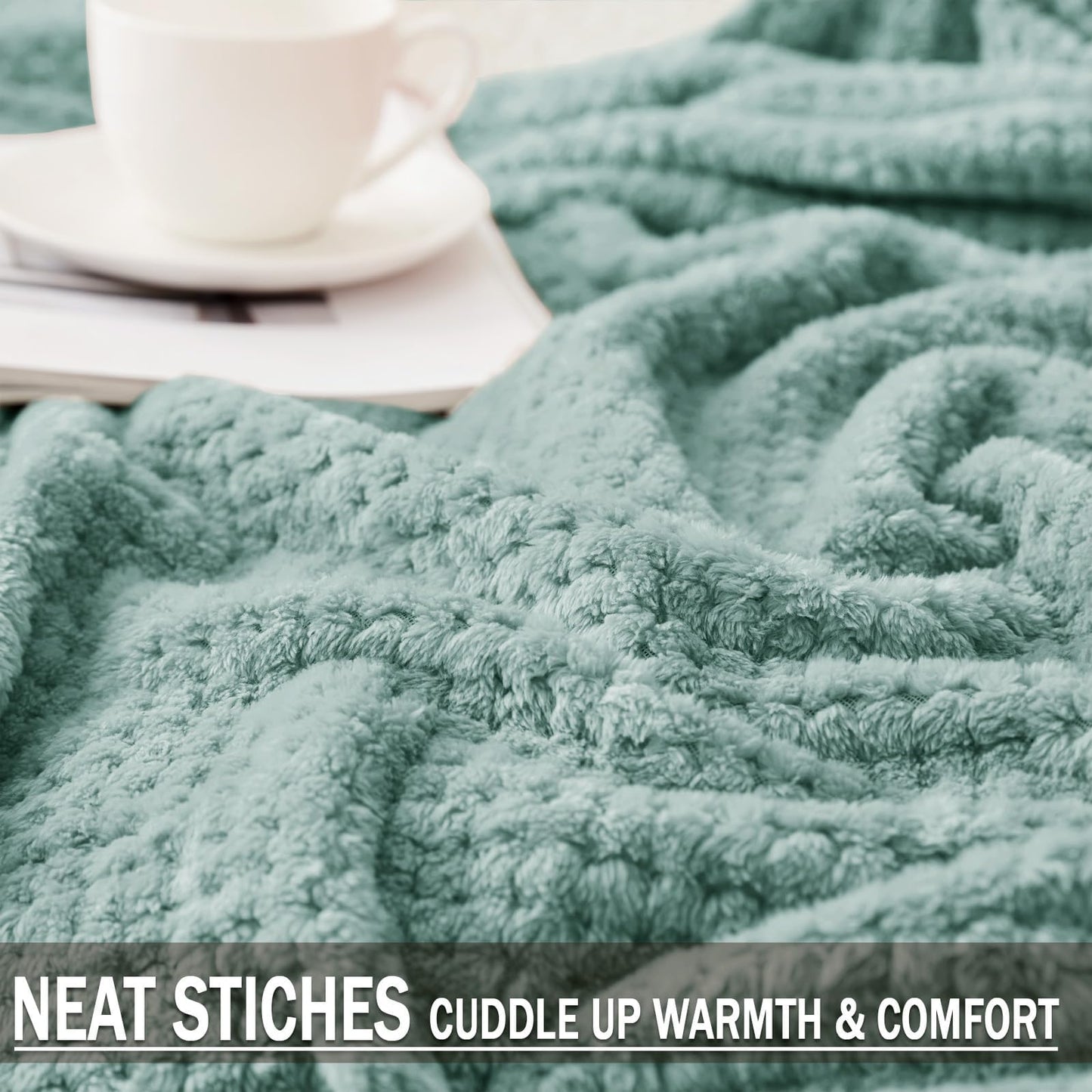Exclusivo Mezcla Waffle Textured Extra Large Fleece Blanket, Super Soft and Warm Throw Blanket for Couch, Sofa and Bed (Celadon, 50"x70")-Cozy, Fuzzy and Lightweight