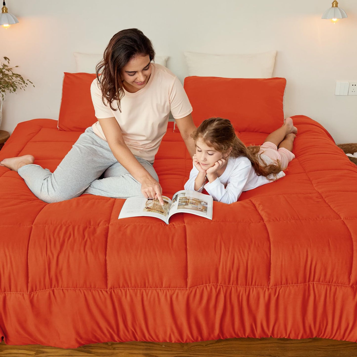 Exclusivo Mezcla Lightweight Reversible 3-Piece Comforter Set All Seasons, Down Alternative Comforter with 2 Pillow Shams, California King Size, Burnt Orange/Brich Beige