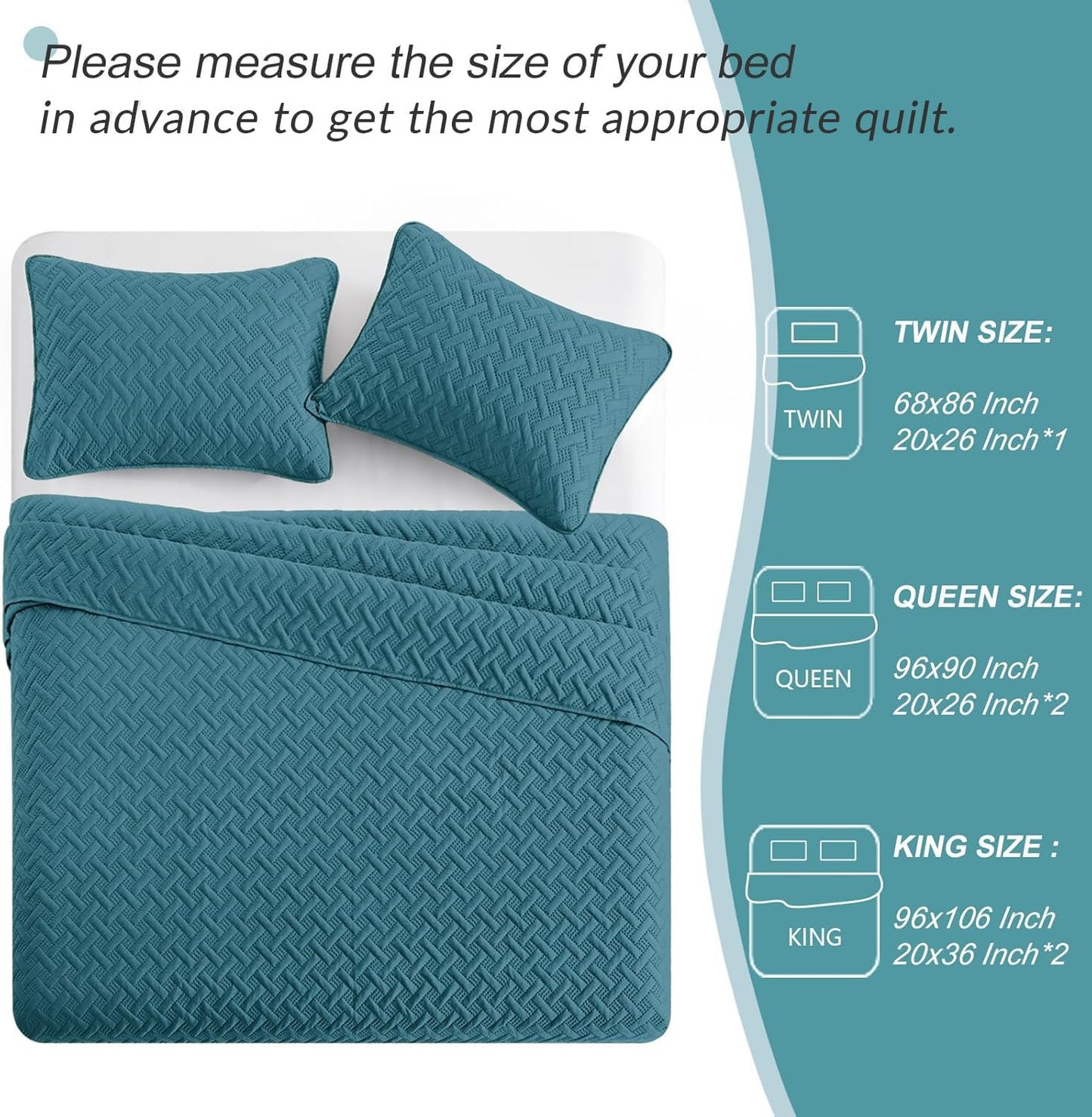 Exclusivo Mezcla Soft Quilt Set Queen Full Size, 3 Pieces Lightweight Quilts Teal Bedspreads Coverlets Bedding Set for All Seasons, Weave Pattern