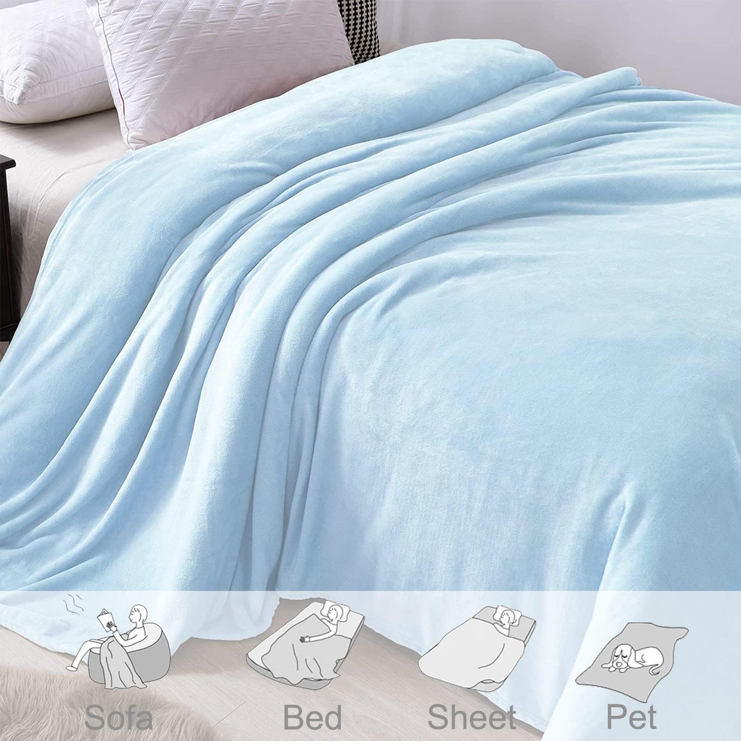 Exclusivo Mezcla Fleece Blankets Queen Size for Bed, Super Soft and Warm, All Season, Cozy, Plush, Lightweight, 90x90 Inches, Ice Blue