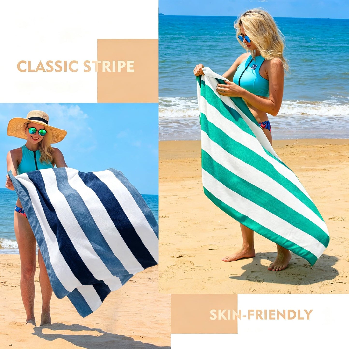 Exclusivo Mezcla 4-Pack Cotton Oversized 35"x70" Cabana Stripe Beach Towels, Super Absorbent Soft Plush Pool Towel, Bath Towel (Mixed Navy)