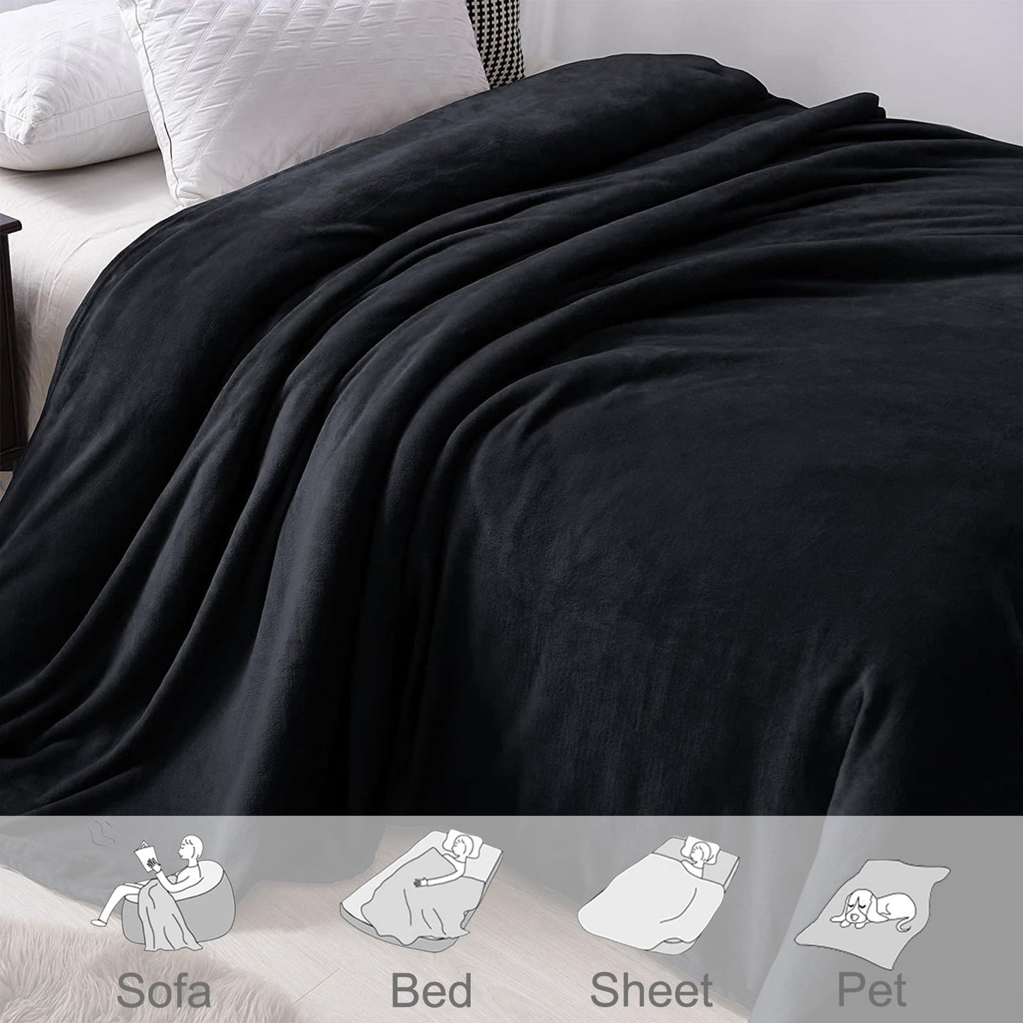 Exclusivo Mezcla Twin Size Velvet Flannel Fleece Plush Queen Size Bed Blanket as Bedspread/Coverlet/Bed Cover (90" x 66", Black) - Soft, Lightweight, Warm and Cozy