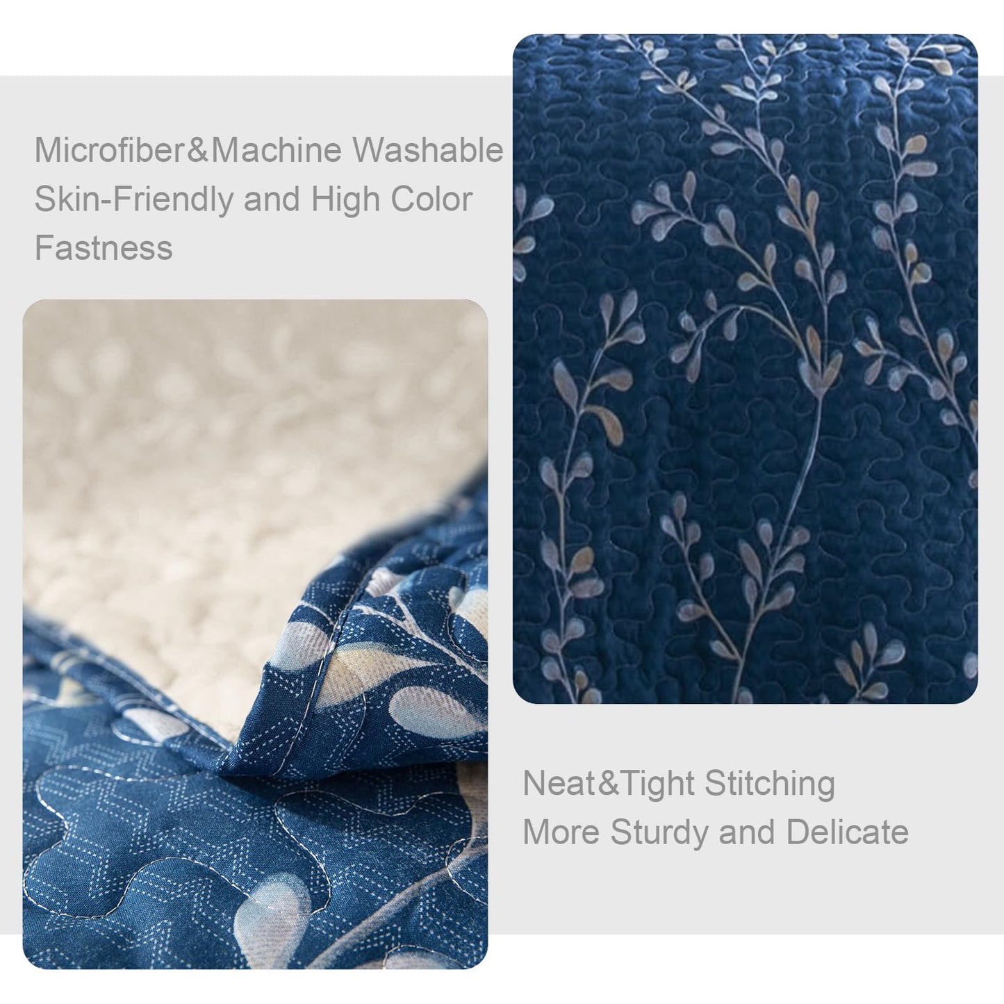 Exclusivo Mezcla Microfiber King Size Quilt Set, 3 Piece Lightweight Bedspreads/ Coverlet/ Bedding Set with 2 Pillow Shams, Gradient Floral Pattern, (96"x 104", Navy)