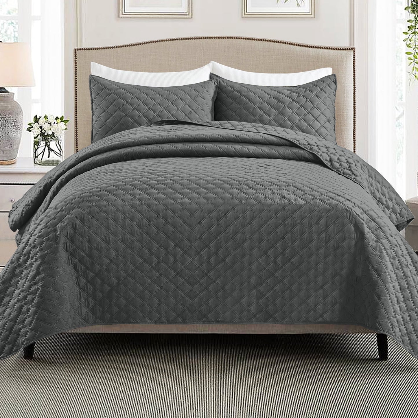 Exclusivo Mezcla 2-Piece Gray Twin Size Quilt Set, Box Pattern Ultrasonic Lightweight and Soft Quilts/Bedspreads/Coverlets/Bedding Set (1 Quilt, 1 Pillow Sham) for All Seasons