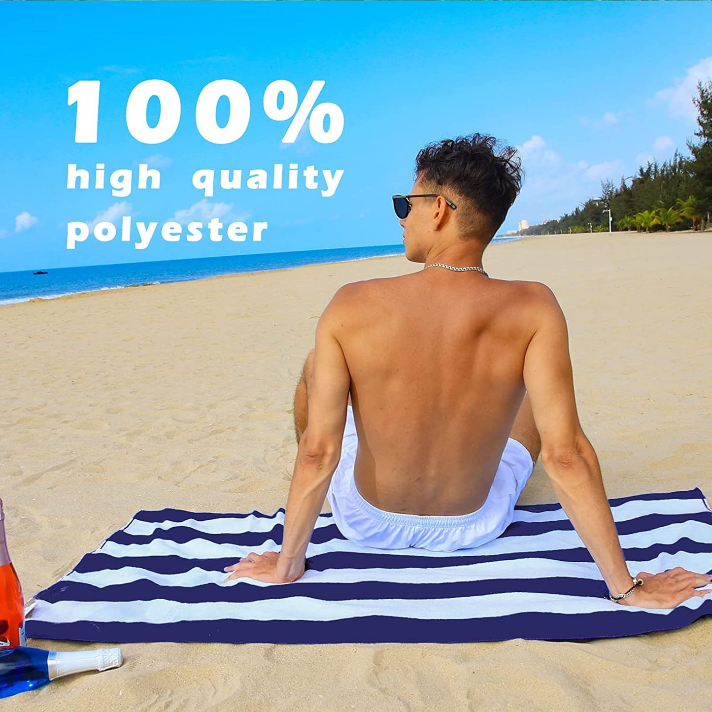 Exclusivo Mezcla 2 Pack Microfiber Cabana Striped Large Beach Towel for Adults (Navy, 30" x 60")-Soft, Quick Dry, Absorbent, and Plush