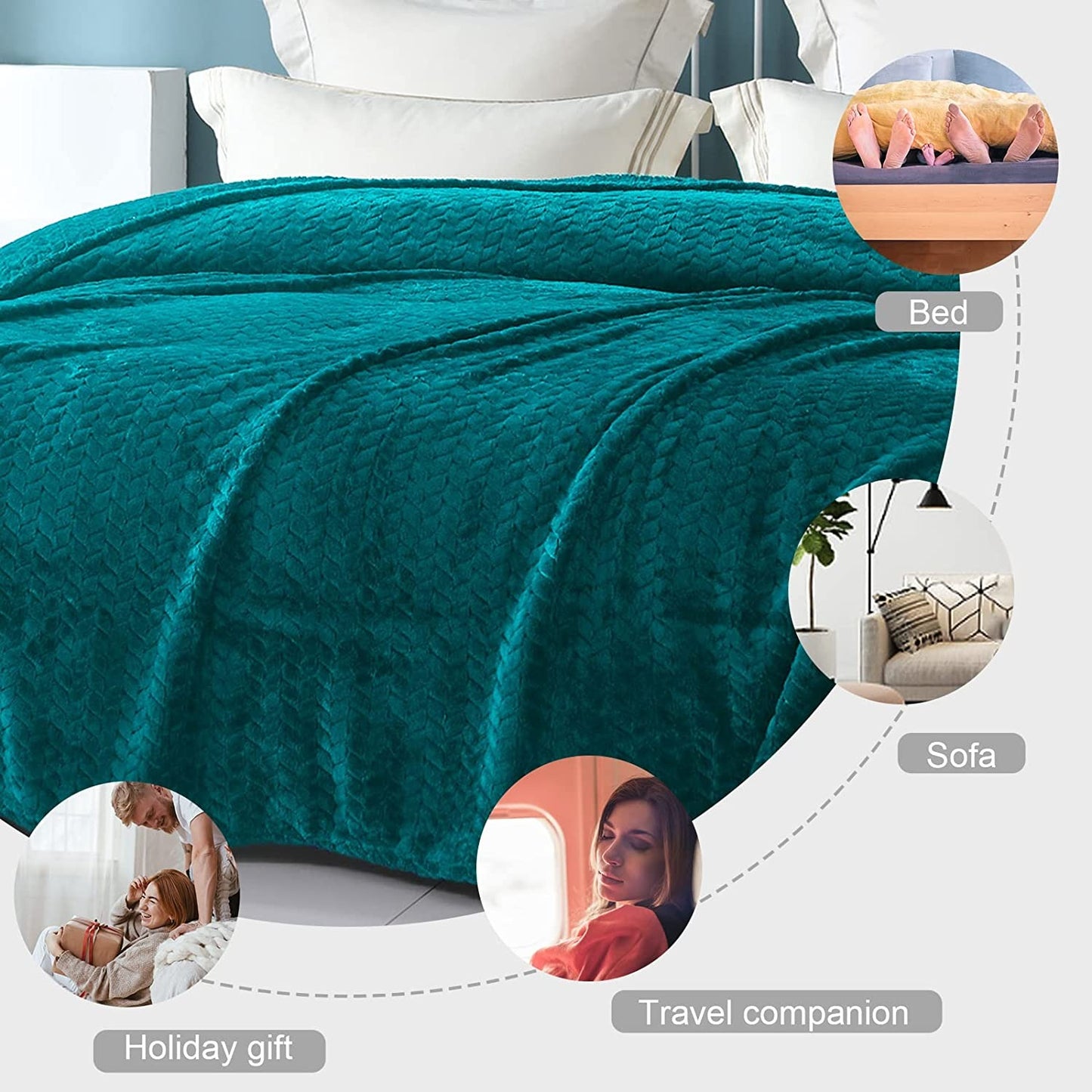 Exclusivo Mezcla Twin Size Jacquard Weave Leaves Pattern Flannel Fleece Velvet Plush Bed Blanket for Couch Bed Sofa (90" x 66", Teal) - Soft, Lightweight, Warm and Cozy