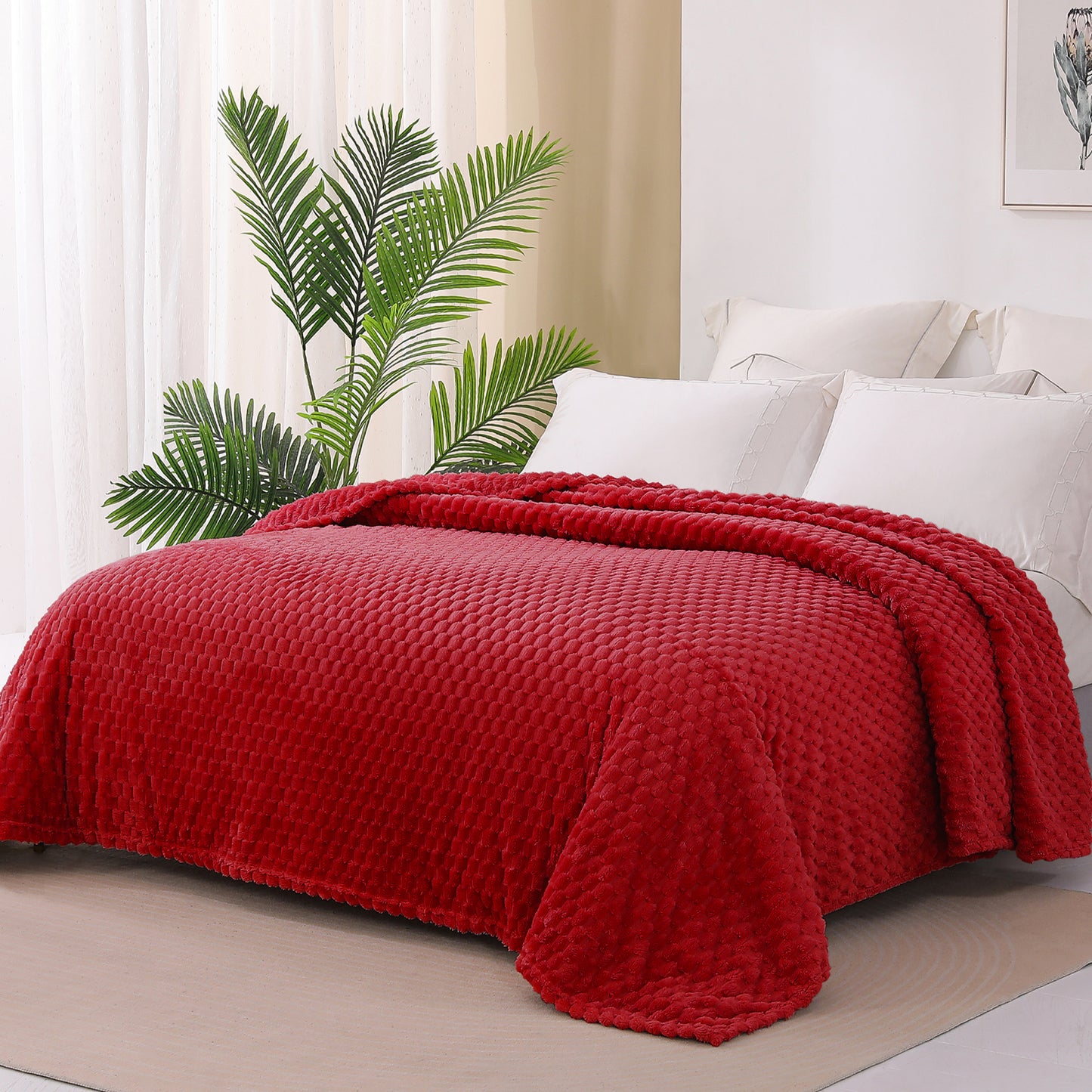 Exclusivo Mezcla King Size Soft Fleece Blanket, 90x104 Inches 3D Clouds Stylish Jacquard Velvet Blanket for Bed, Cozy Soft Lightweight for All Season, Deep Red Blanket