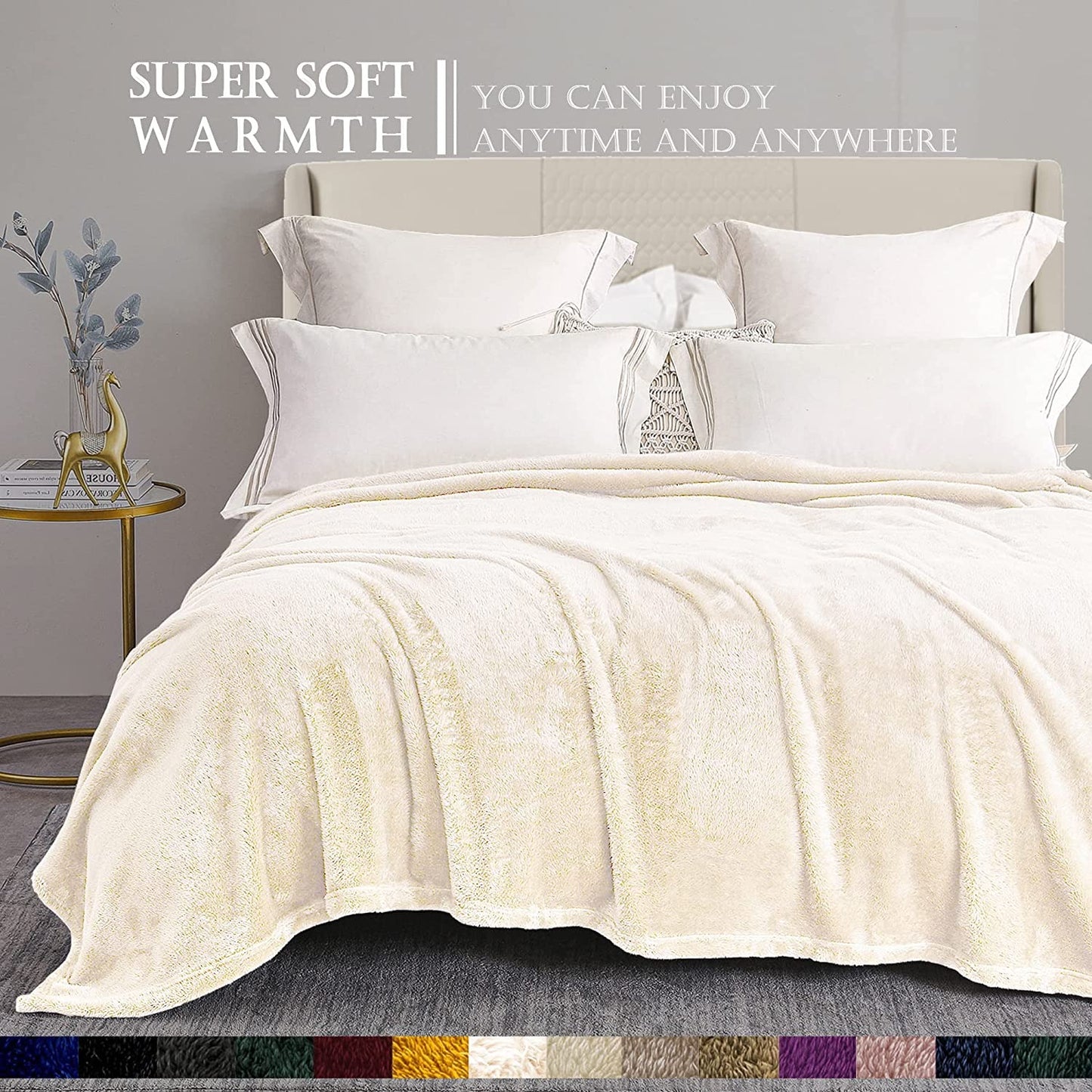 Exclusivo Mezcla Plush Fuzzy Fleece King Size Bed Blanket, Super Soft Fluffy and Thick Blankets for Travel Bed and Couch (Ivory, 90x104 inches)