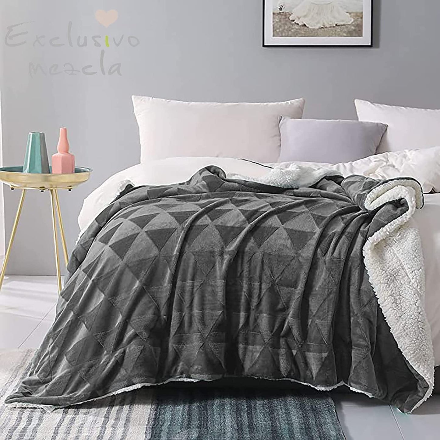 Exclusivo Mezcla 50" x 70" Large Throw Blanket, Reversible Brushed Flannel Fleece& Plush Sherpa Blanket(Dark Grey)- Decorative, Lightweight, Soft and Warm