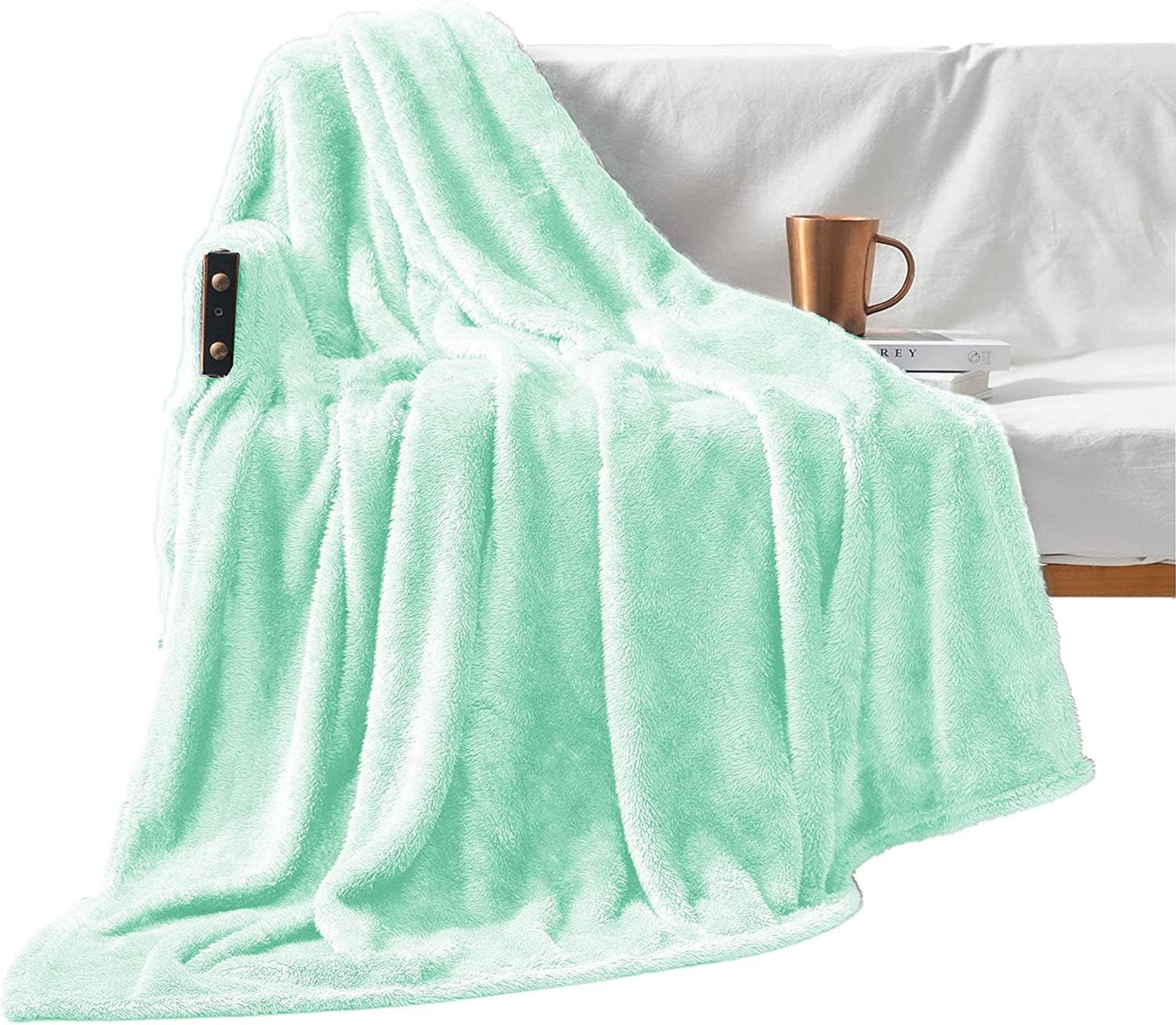 Exclusivo Mezcla Plush Fuzzy Large Fleece Throw Blanket ( 50" x 70", Mint Green)- Soft, Warm& Lightweight