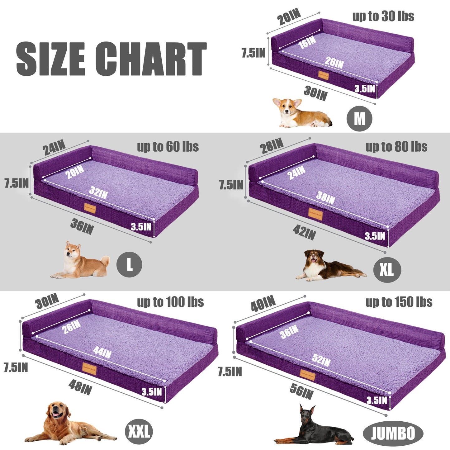Exclusivo Mezcla Orthopedic Pet Bed for Extra Large Dogs 56"X40", L Shaped Waterproof Dog Beds with Removable Washable Cover, Purple