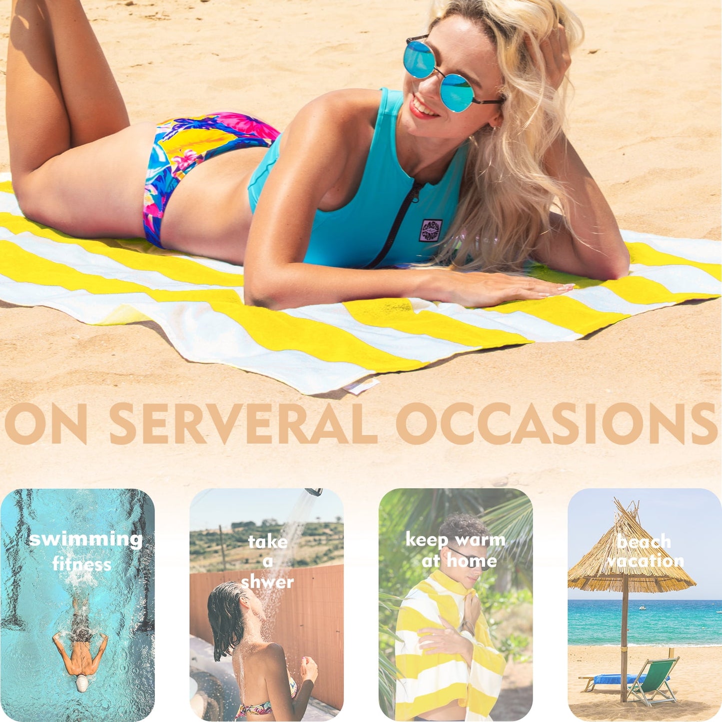 Exclusivo Mezcla 100% Cotton Large Cabana Stripe Beach Towel, Super Absorbent Soft Plush Pool Towel, Bath Towel (Yellow, 30"x60")