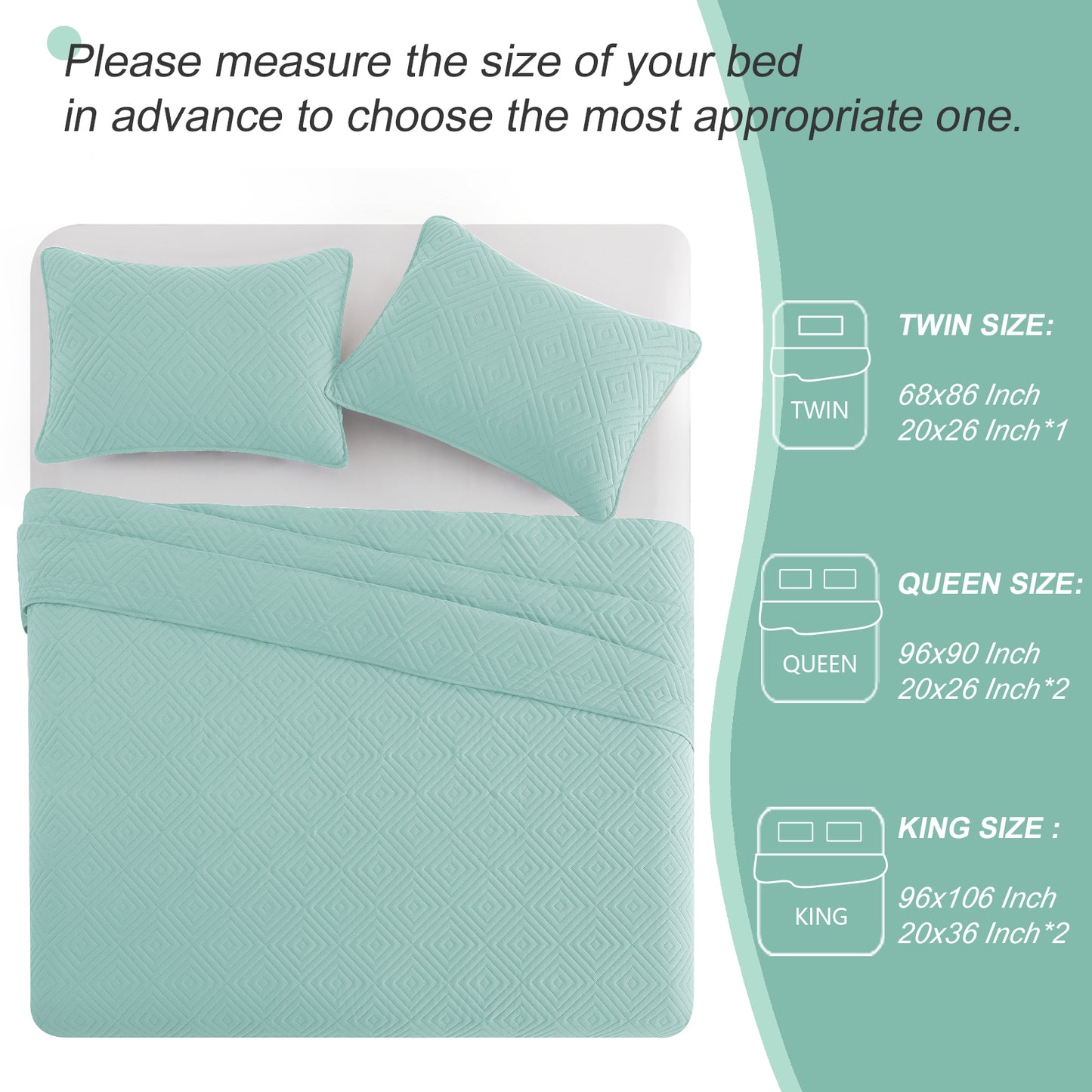 Exclusivo Mezcla 2-Piece Aqua Twin Size Quilt Set, Square Pattern Ultrasonic Lightweight and Soft Quilts/Bedspreads/Coverlets/Bedding Set (1 Quilt, 1 Pillow Sham) for All Seasons