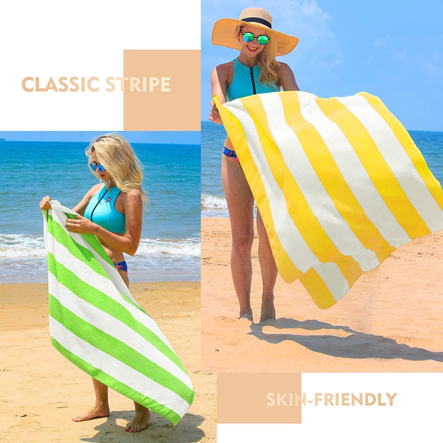 Exclusivo Mezcla 4-Pack Cotton Large Cabana Stripe Beach Towels, Super Absorbent Soft Plush Pool Towel, Bath Towel (Red/Turquoise/Yellow/Navy, 30"x60")